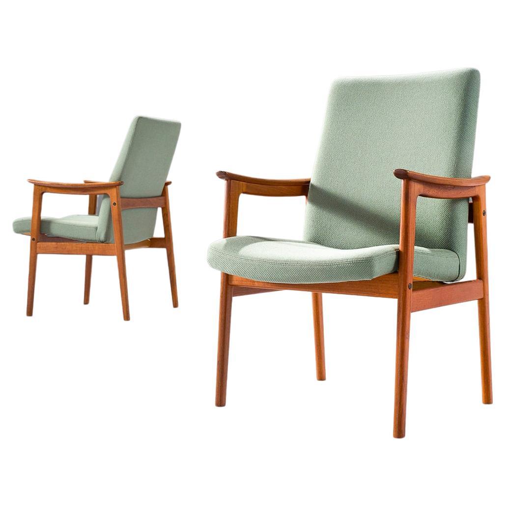 Scandinavian Pair of Lounge Chairs in Mint Green Upholstery and Teak For Sale
