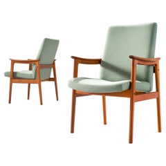 Vintage Scandinavian Pair of Lounge Chairs in Mint Green Upholstery and Teak