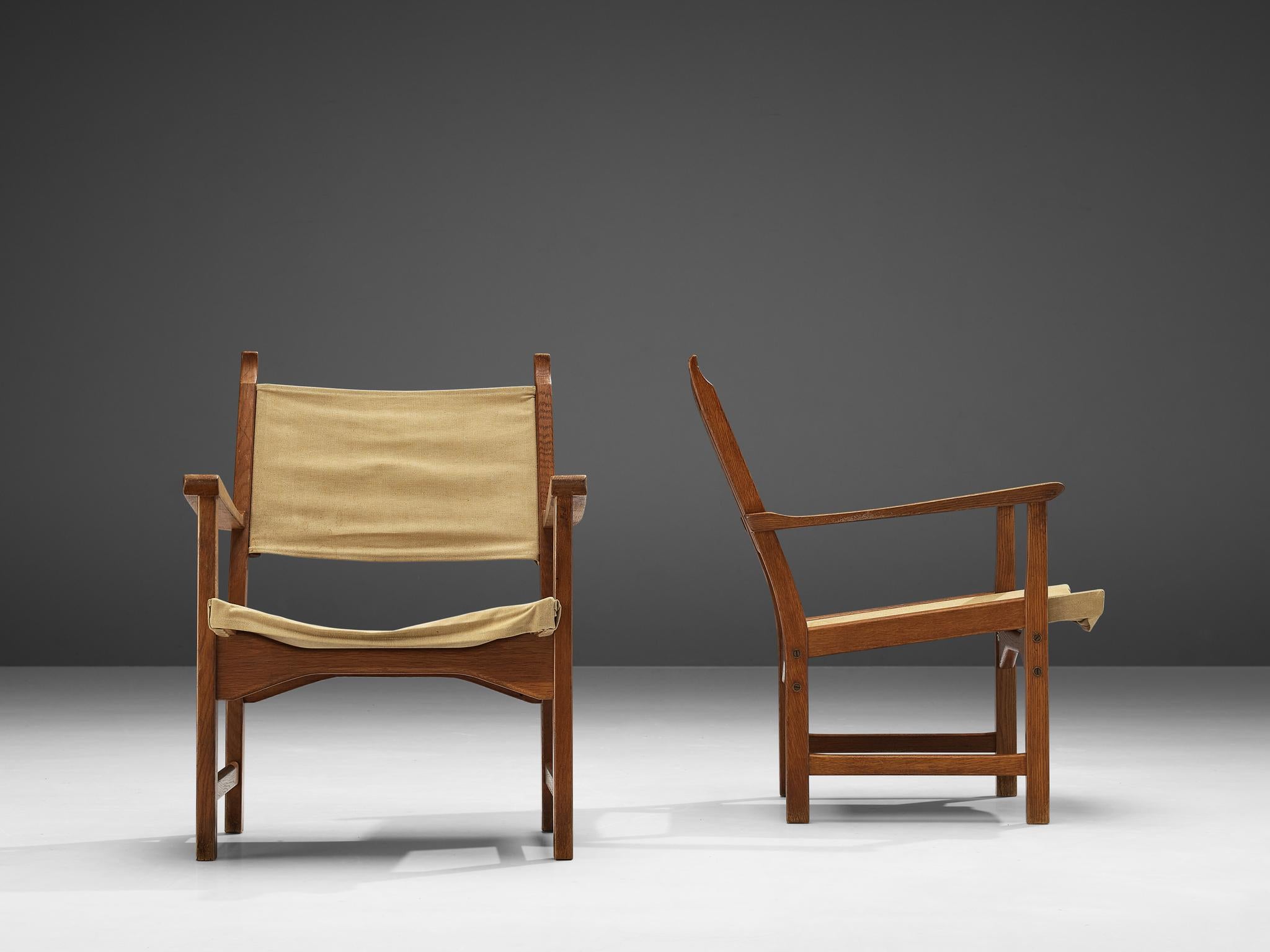 Swedish Carl Malmsten & Yngve Ekström Pair of 'Caryngo' Chairs in Oak and Canvas For Sale