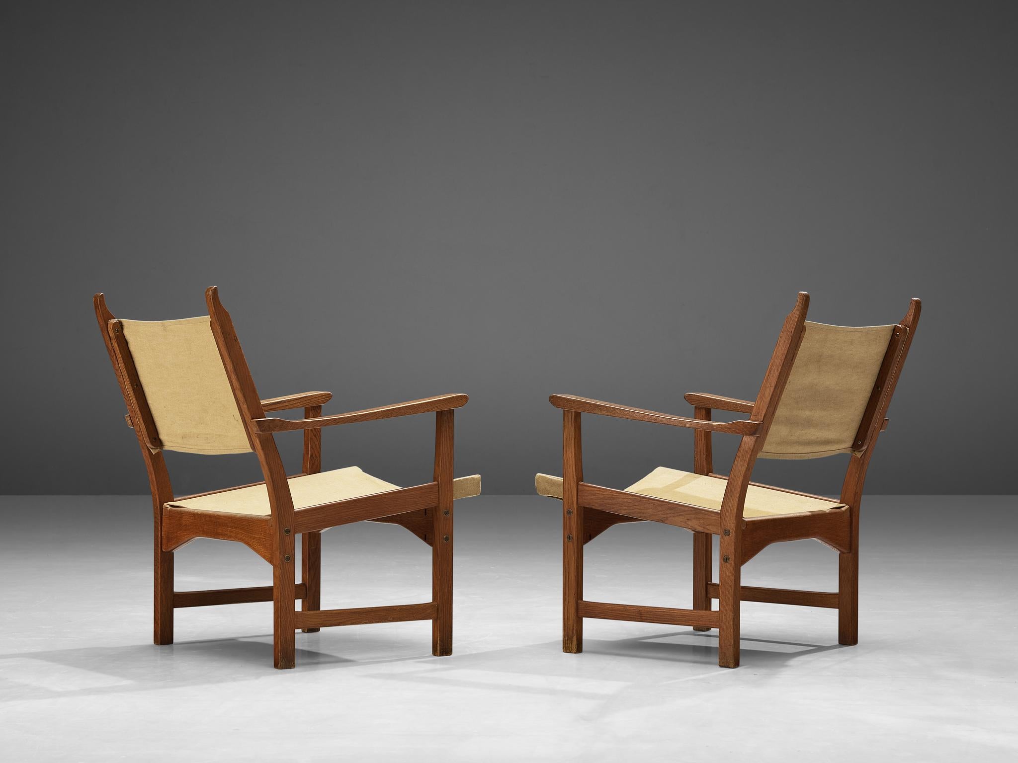 Mid-20th Century Carl Malmsten & Yngve Ekström Pair of 'Caryngo' Chairs in Oak and Canvas For Sale