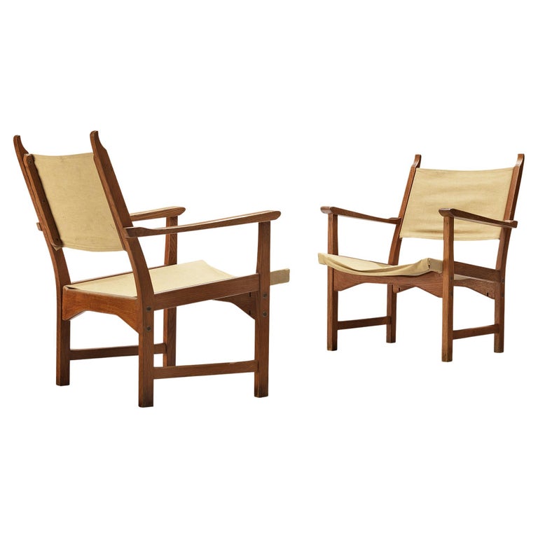 Carl Malmsten and Yngve Ekström Pair of "Caryngo' Chairs in Oak with Canvas For Sale