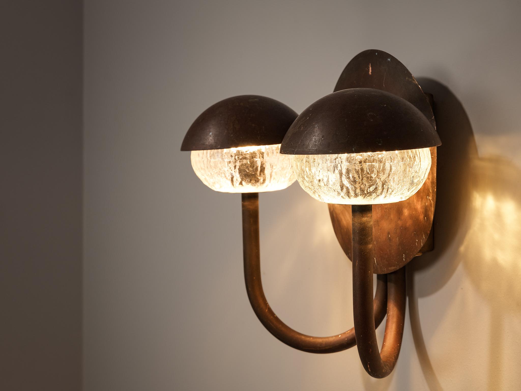 Mid-20th Century Scandinavian Pair of Wall Lights in Copper and Textured Glass