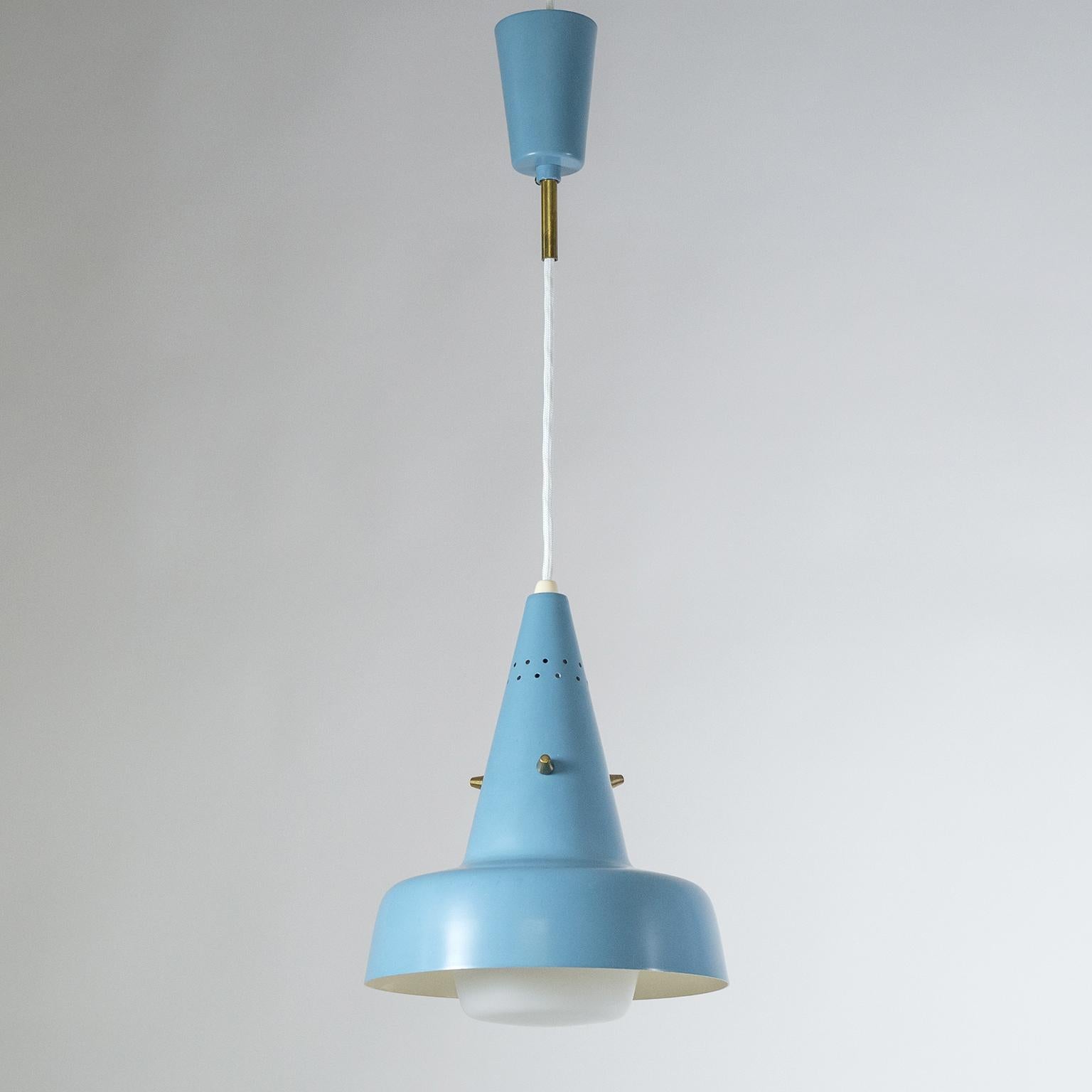 Charming Scandinavian pendant in pastel blue from the late 1950s-early 1960s. A lacquered aluminium 'witch hat' shade holds a satin glass diffuser fastened by three brass knobs. Very good original condition with only minor wear and some patina on