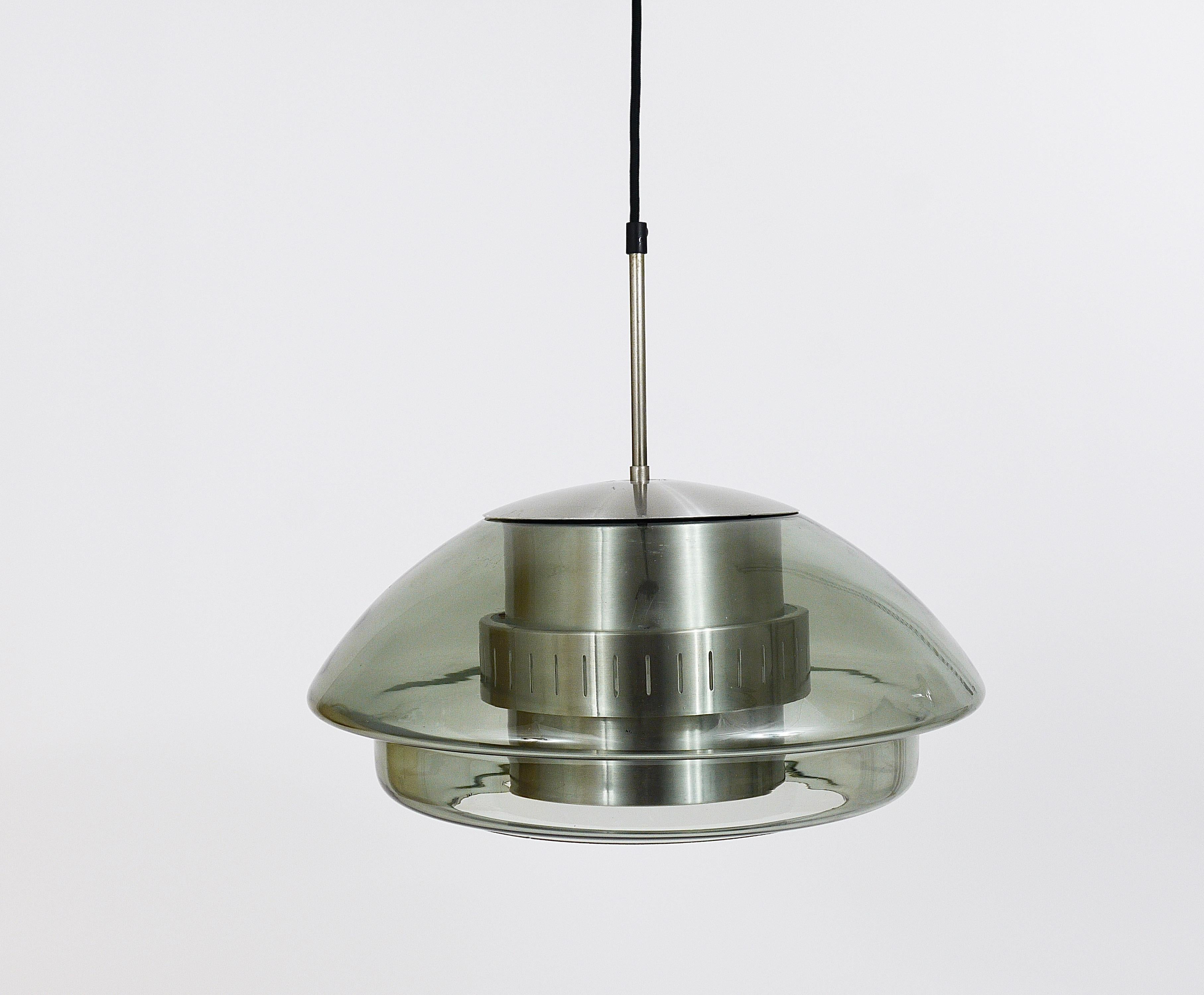 Scandinavian Pendant Lamp, Smoked Glass & Aluminum, Fog & Mørup Style, Denmark For Sale 3