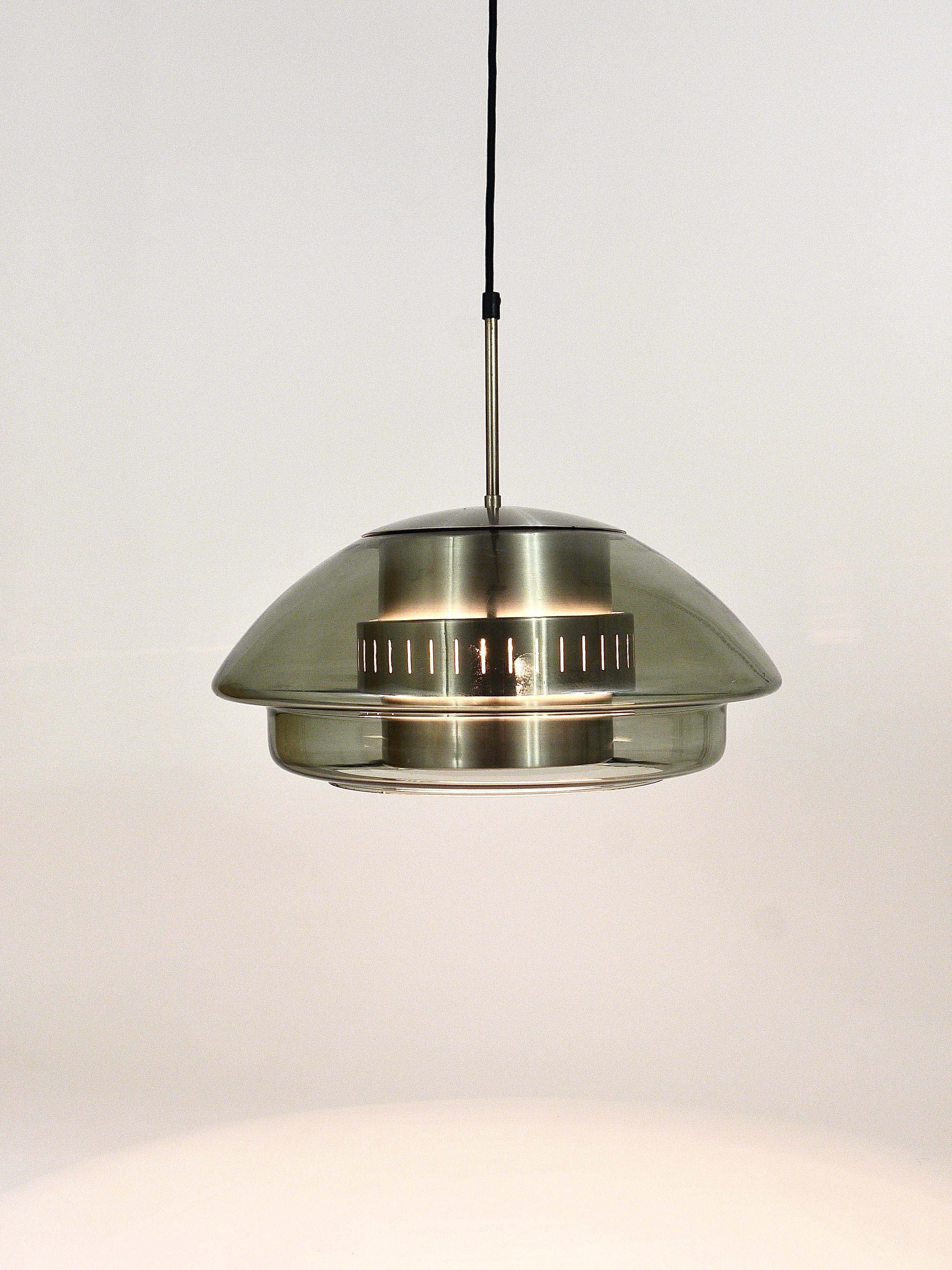 Scandinavian Pendant Lamp, Smoked Glass & Aluminum, Fog & Mørup Style, Denmark For Sale 4