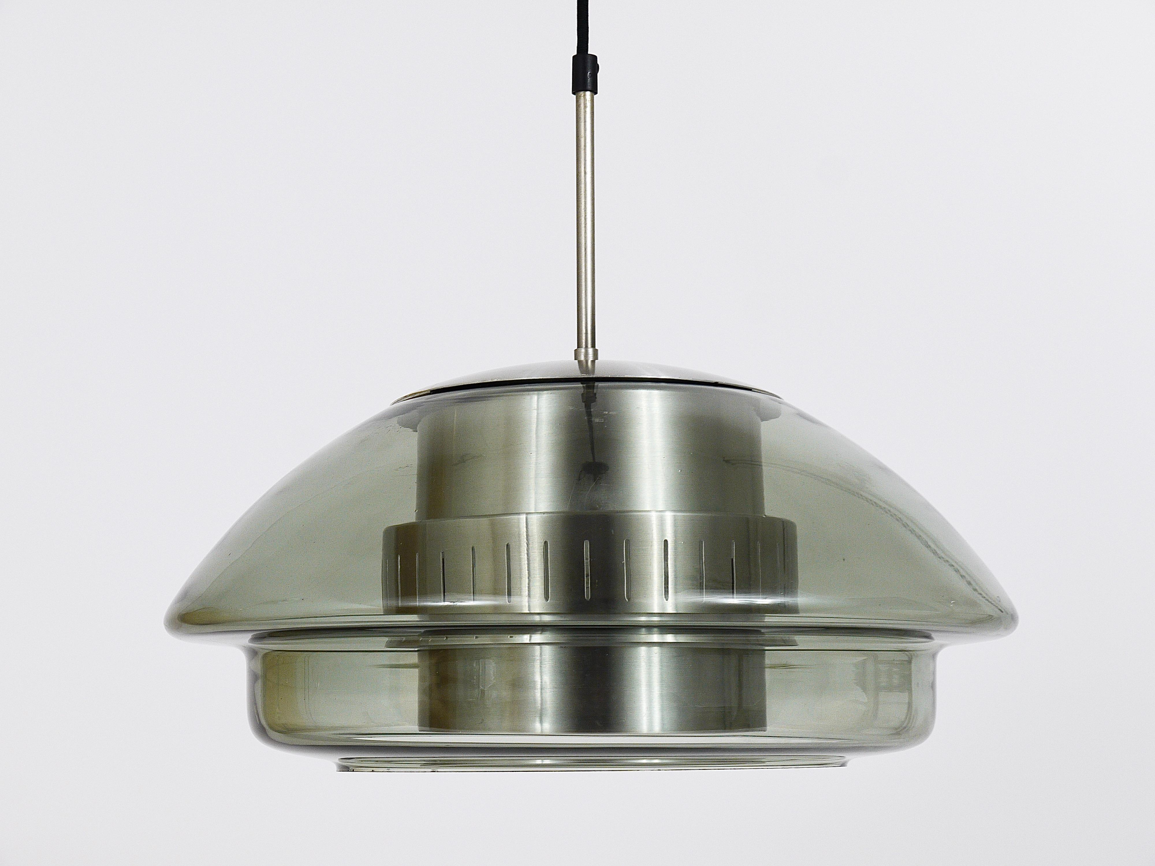 Scandinavian Pendant Lamp, Smoked Glass & Aluminum, Fog & Mørup Style, Denmark For Sale 5
