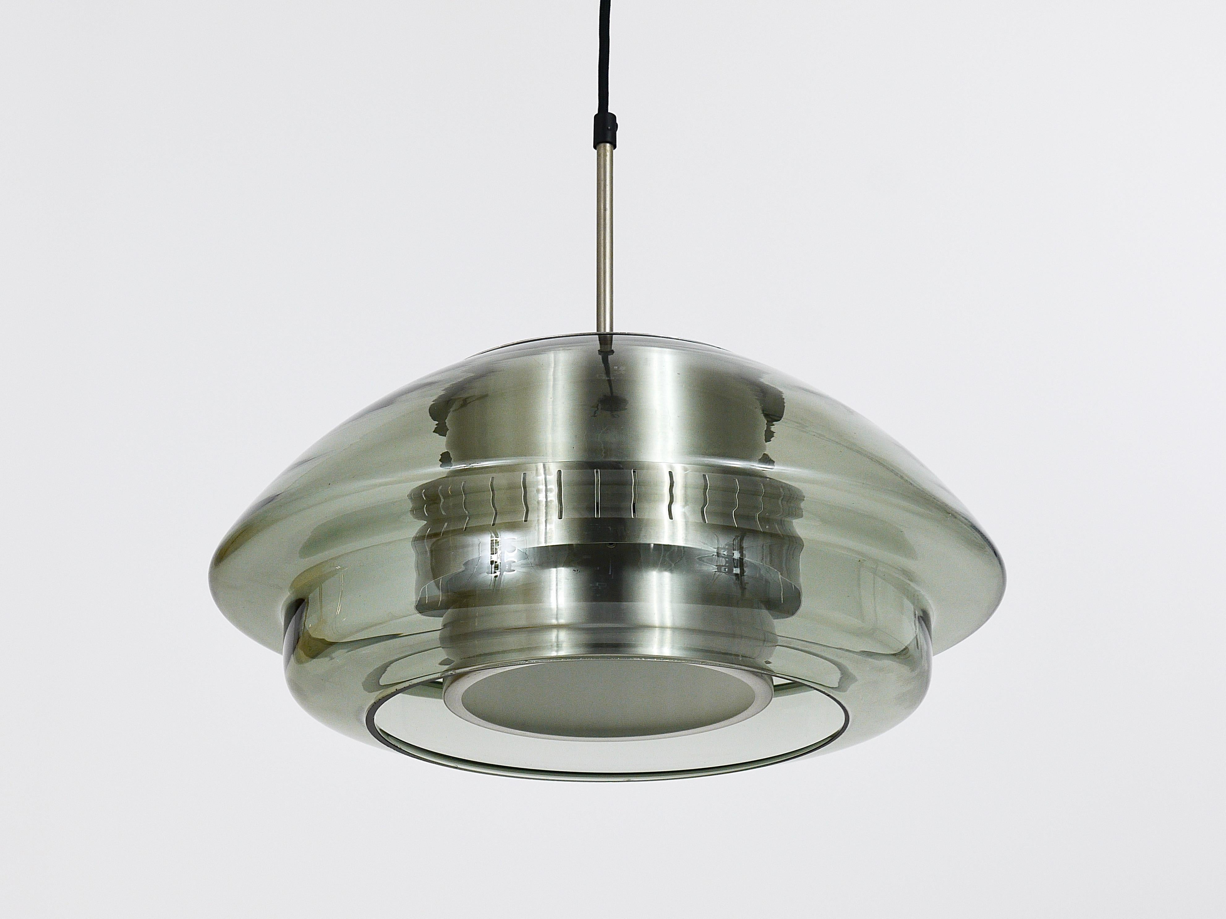 Scandinavian Pendant Lamp, Smoked Glass & Aluminum, Fog & Mørup Style, Denmark For Sale 6
