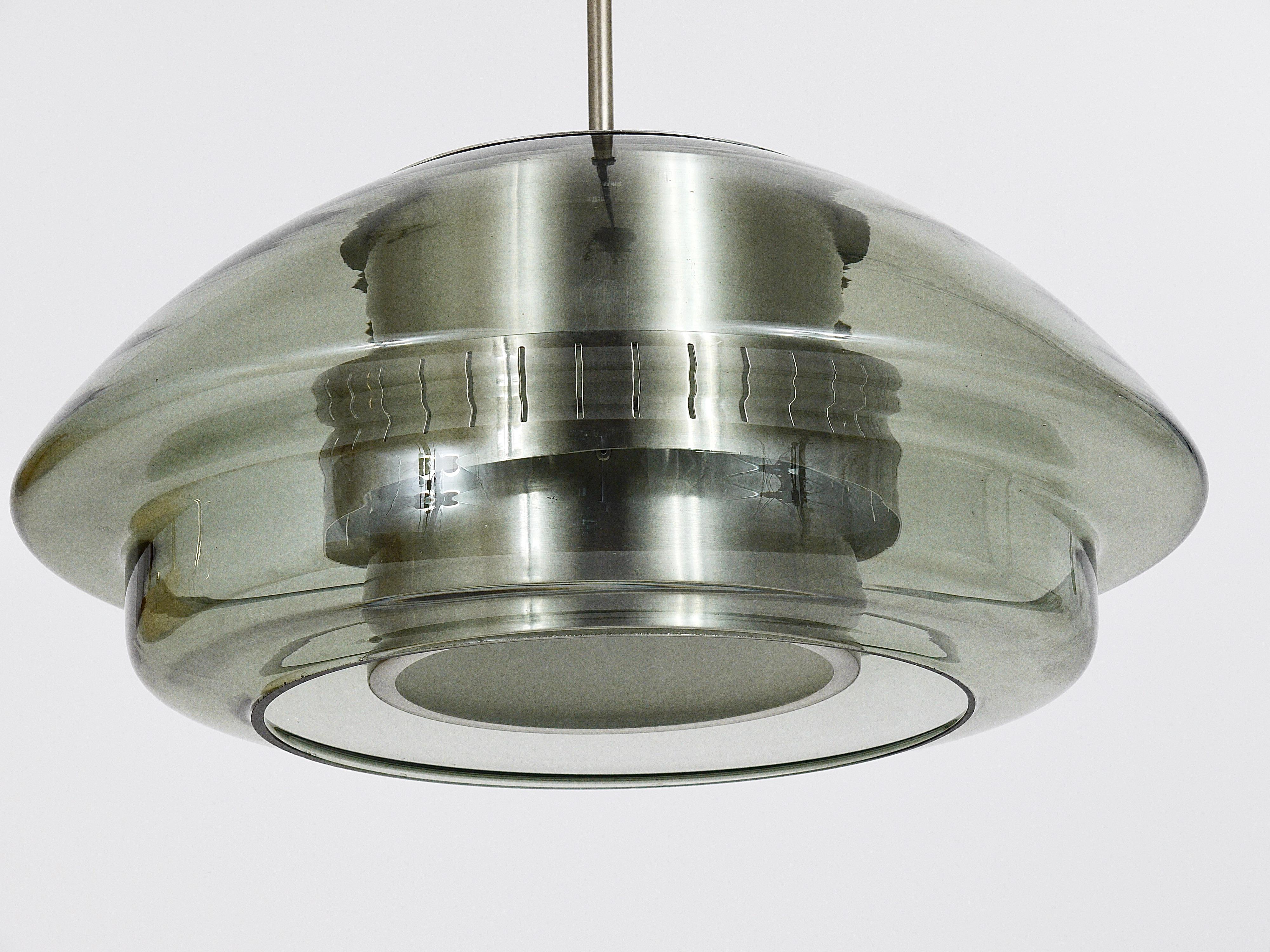 Scandinavian Pendant Lamp, Smoked Glass & Aluminum, Fog & Mørup Style, Denmark For Sale 7