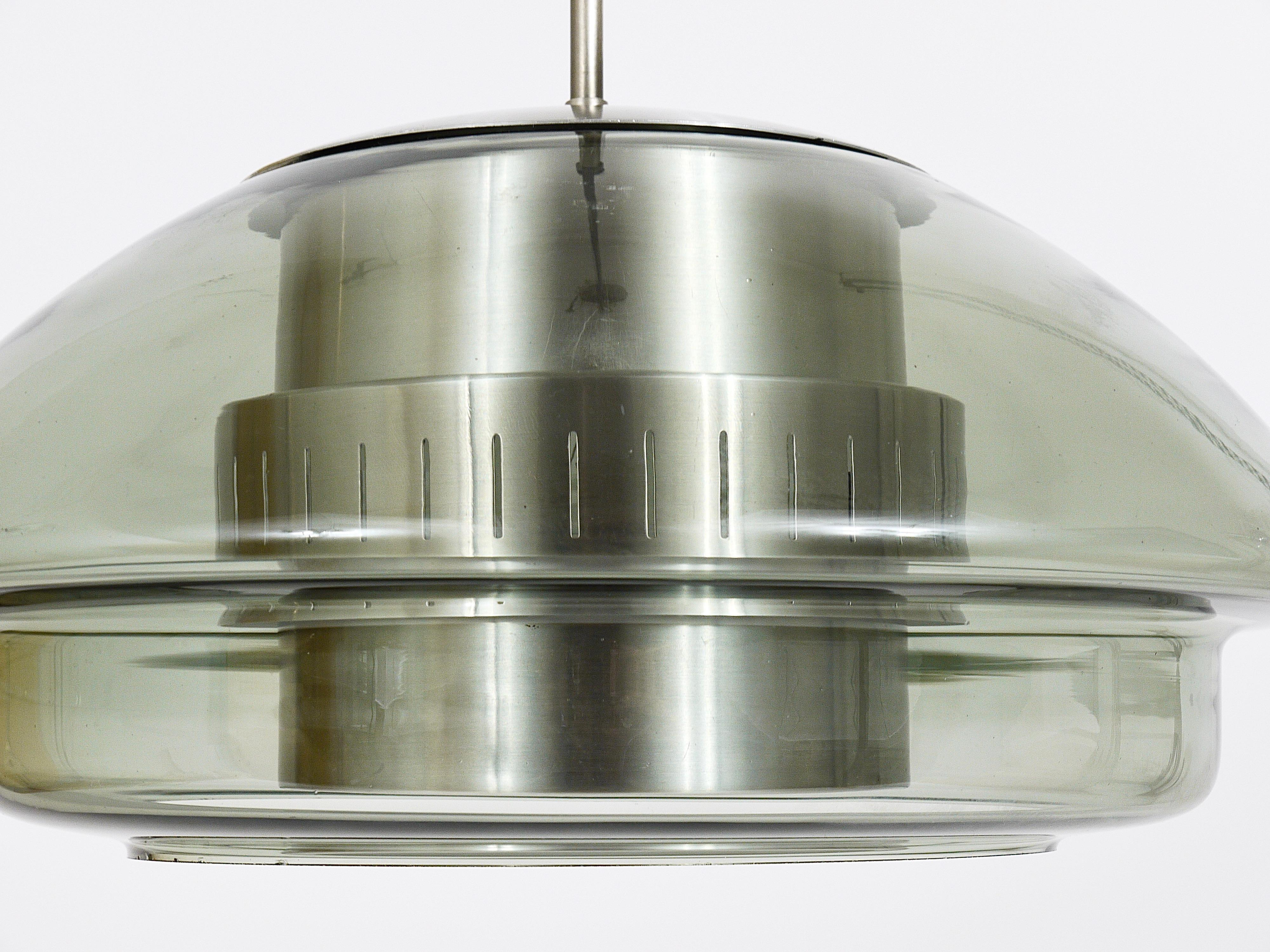 Scandinavian Pendant Lamp, Smoked Glass & Aluminum, Fog & Mørup Style, Denmark For Sale 8
