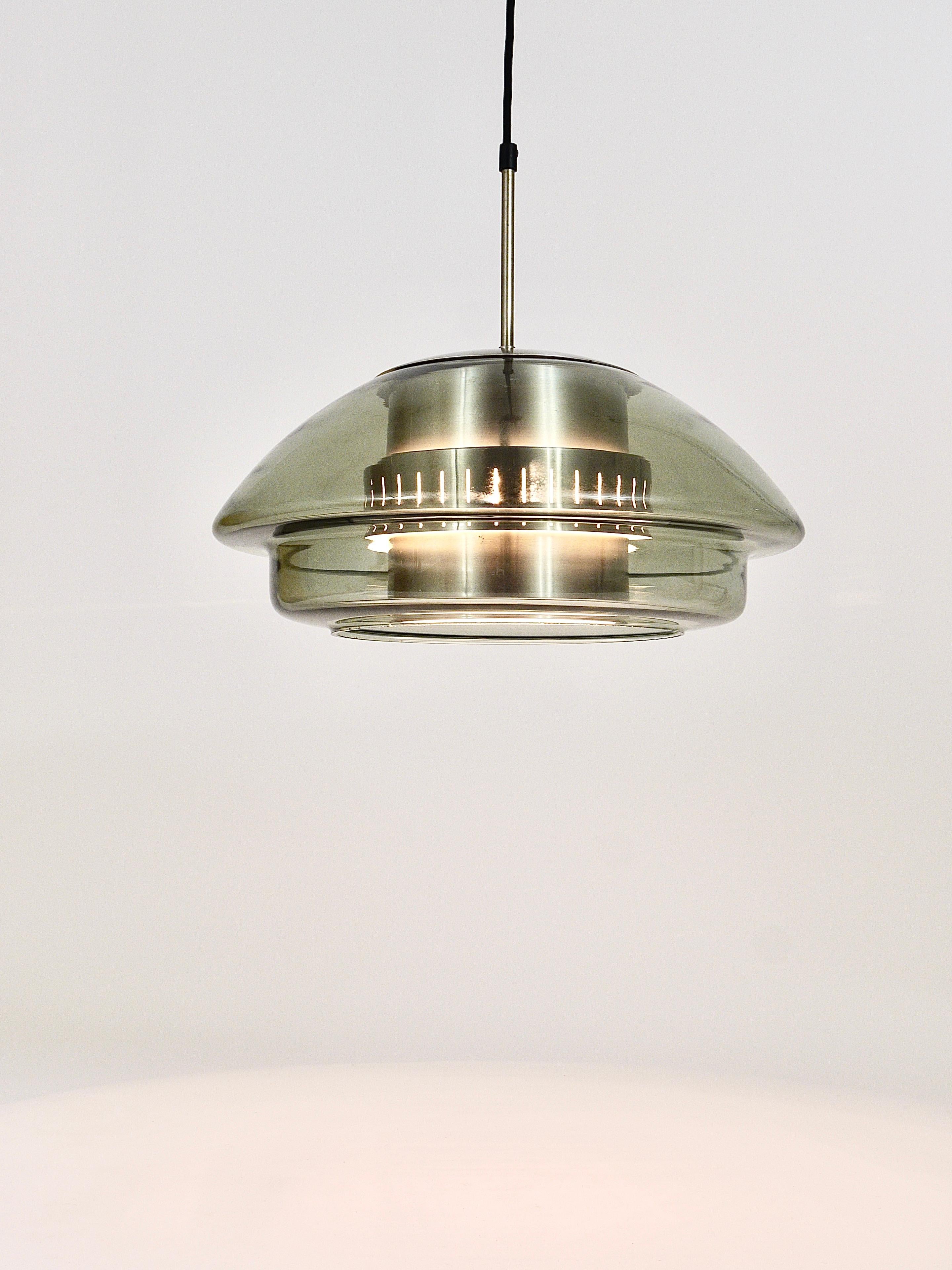 Scandinavian Pendant Lamp, Smoked Glass & Aluminum, Fog & Mørup Style, Denmark For Sale 9