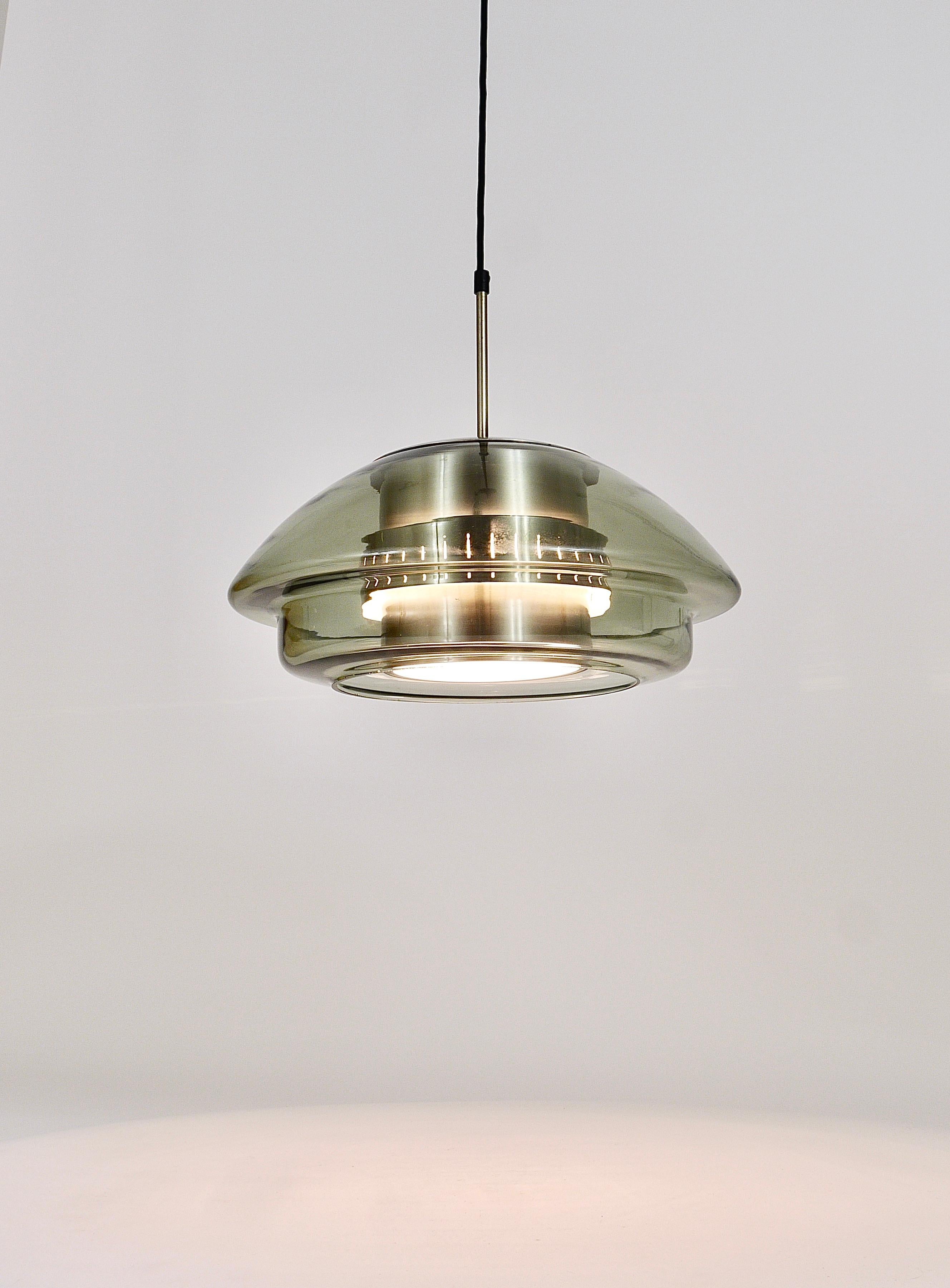 Scandinavian Pendant Lamp, Smoked Glass & Aluminum, Fog & Mørup Style, Denmark For Sale 10