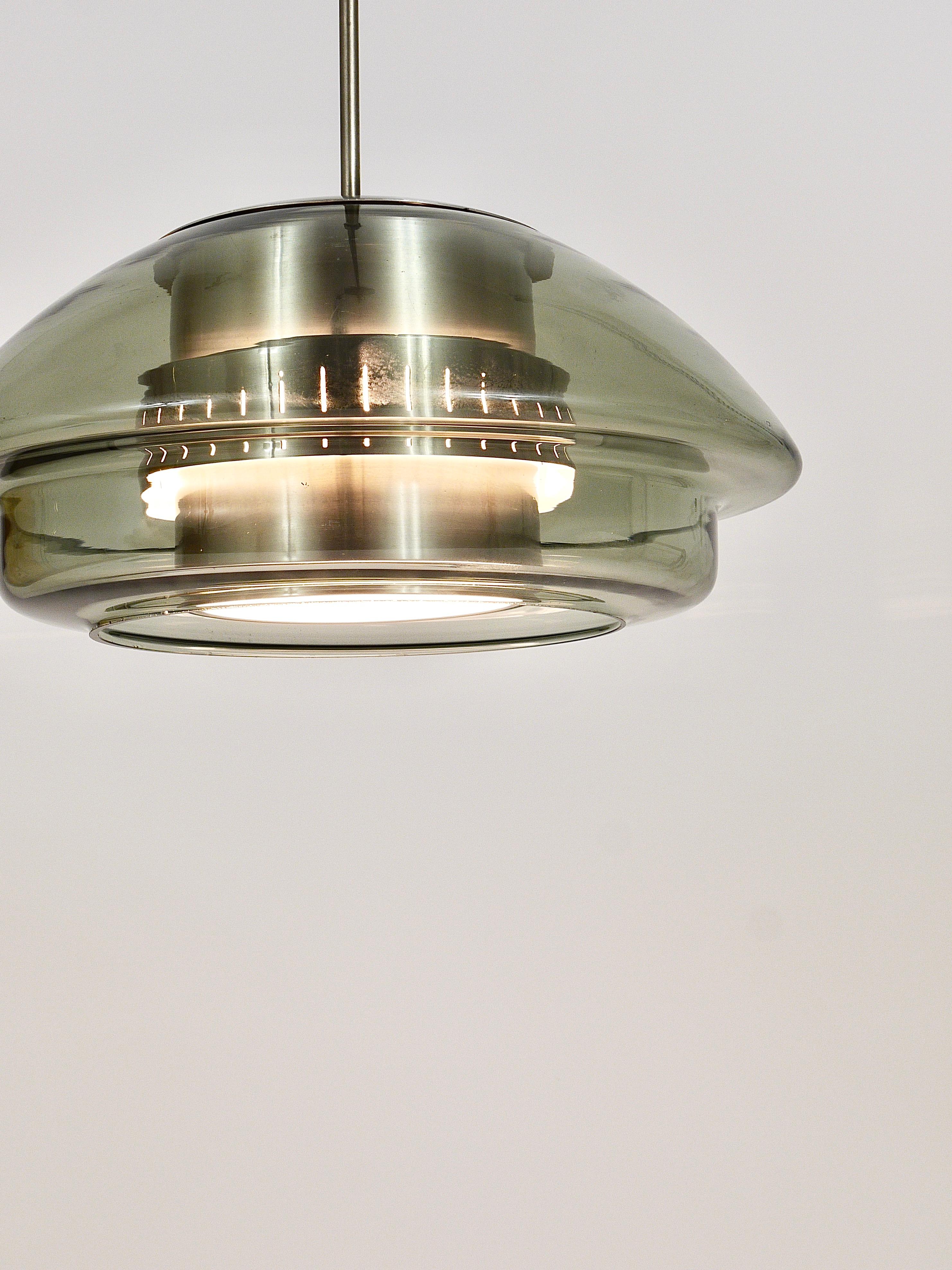 Scandinavian Pendant Lamp, Smoked Glass & Aluminum, Fog & Mørup Style, Denmark For Sale 11