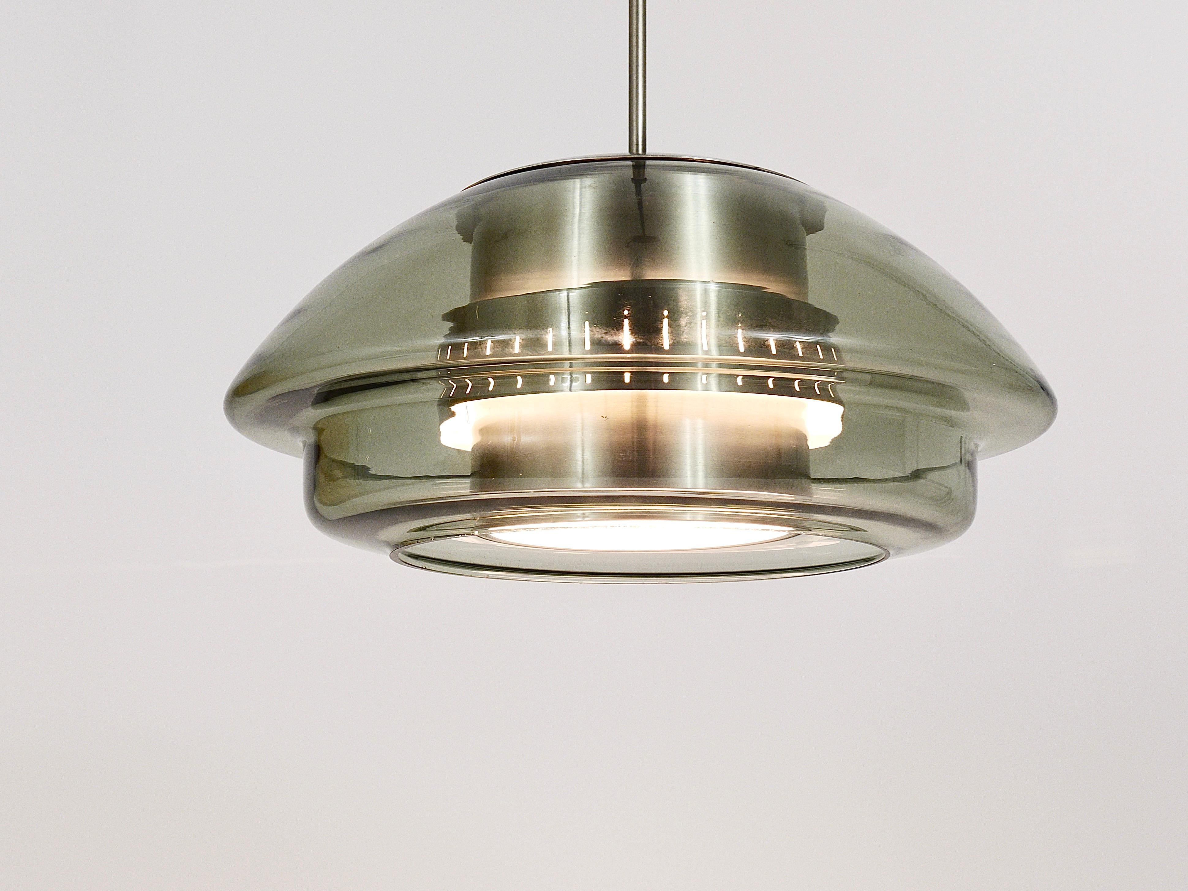 Scandinavian Pendant Lamp, Smoked Glass & Aluminum, Fog & Mørup Style, Denmark For Sale 12