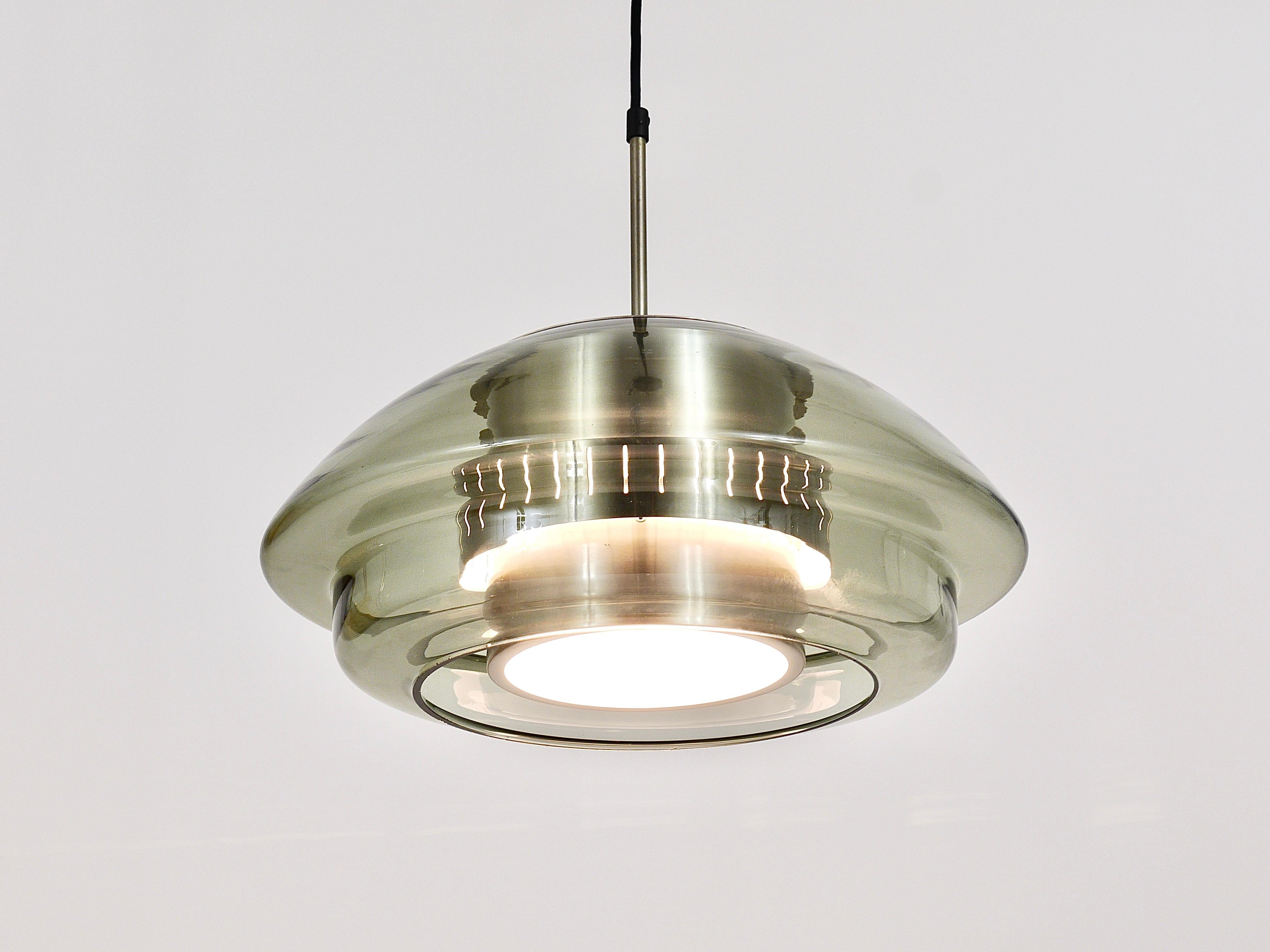 Mid-Century Modern Scandinavian Pendant Lamp, Smoked Glass & Aluminum, Fog & Mørup Style, Denmark For Sale