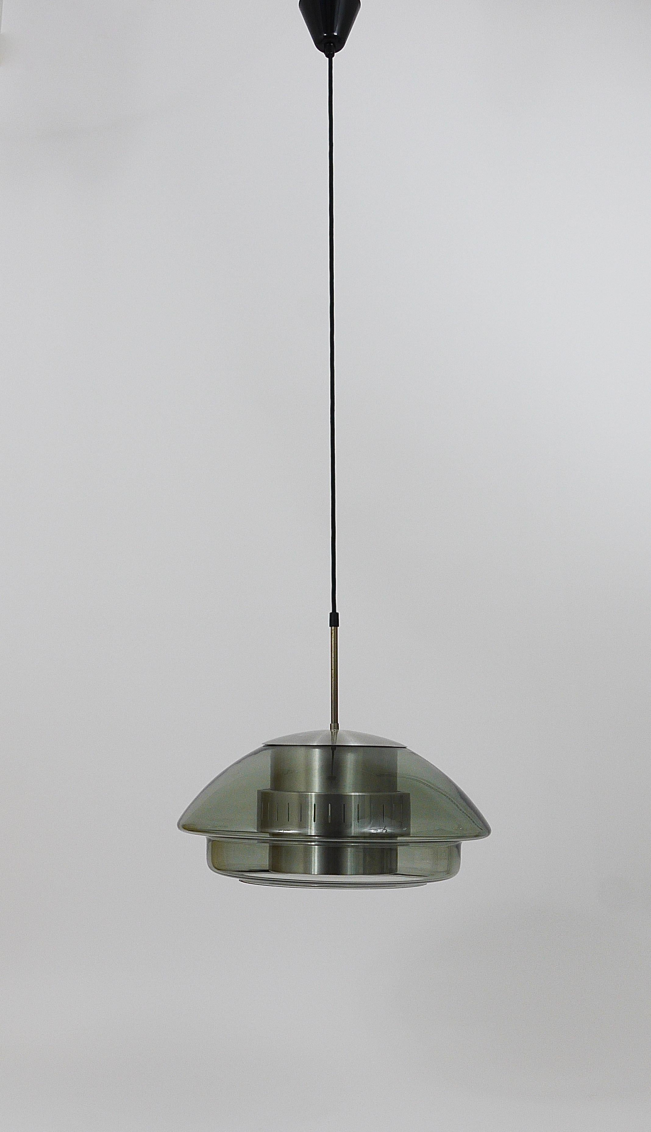 Danish Scandinavian Pendant Lamp, Smoked Glass & Aluminum, Fog & Mørup Style, Denmark For Sale