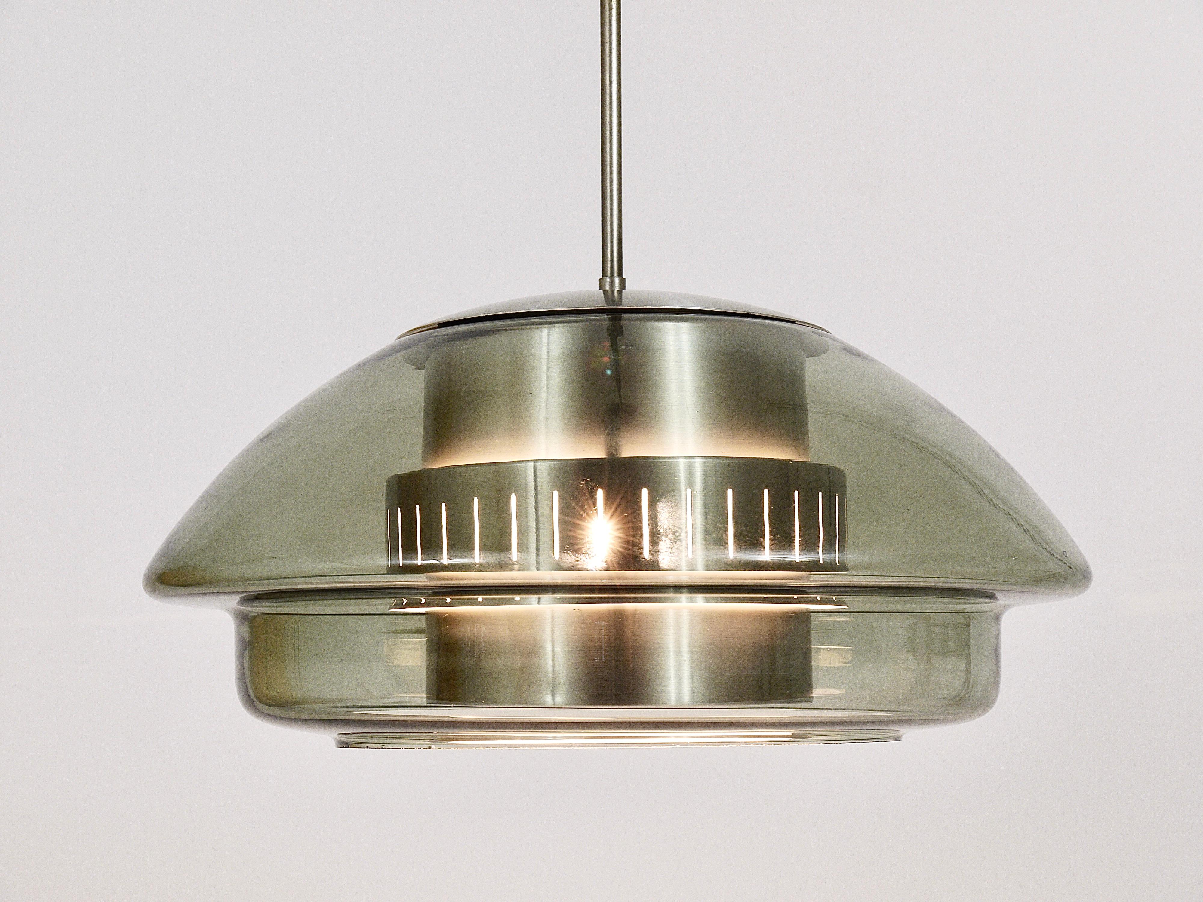 Brushed Scandinavian Pendant Lamp, Smoked Glass & Aluminum, Fog & Mørup Style, Denmark For Sale