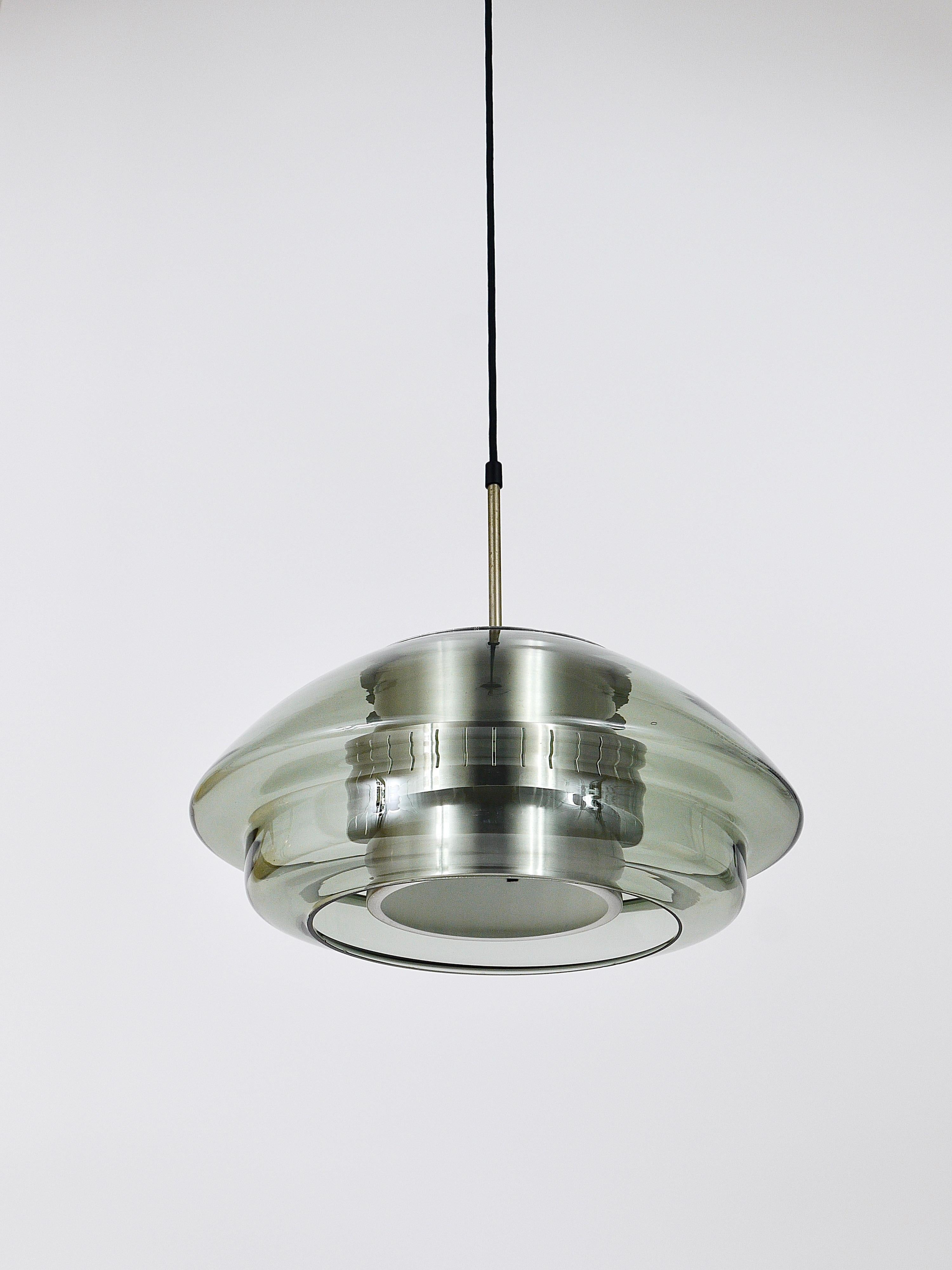 20th Century Scandinavian Pendant Lamp, Smoked Glass & Aluminum, Fog & Mørup Style, Denmark For Sale