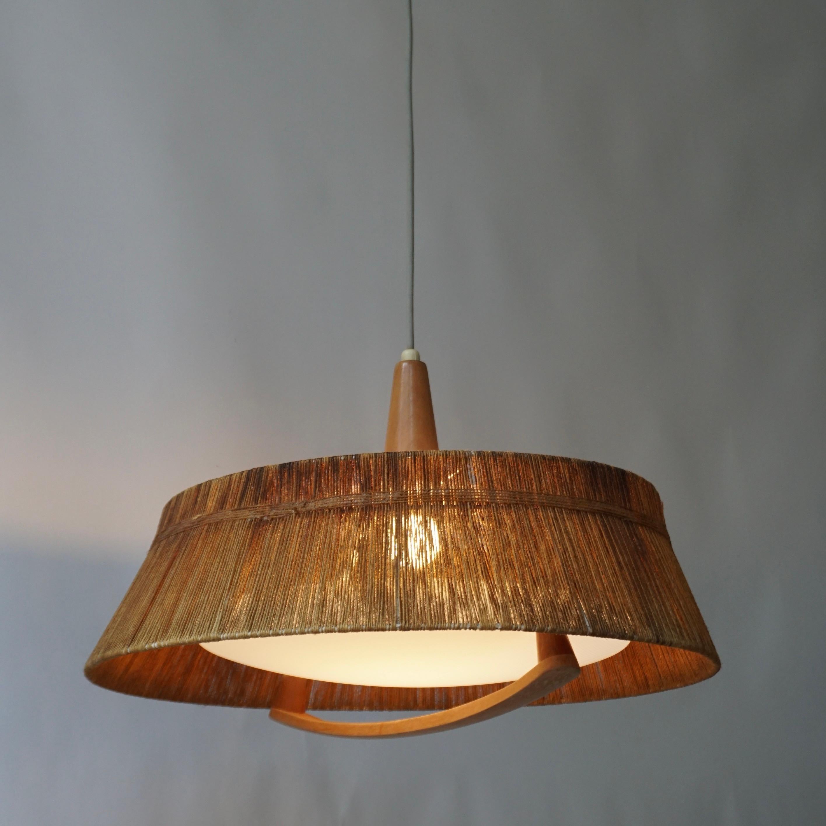 Danish Scandinavian Pendant Light in Rope, Wood and Perspex For Sale