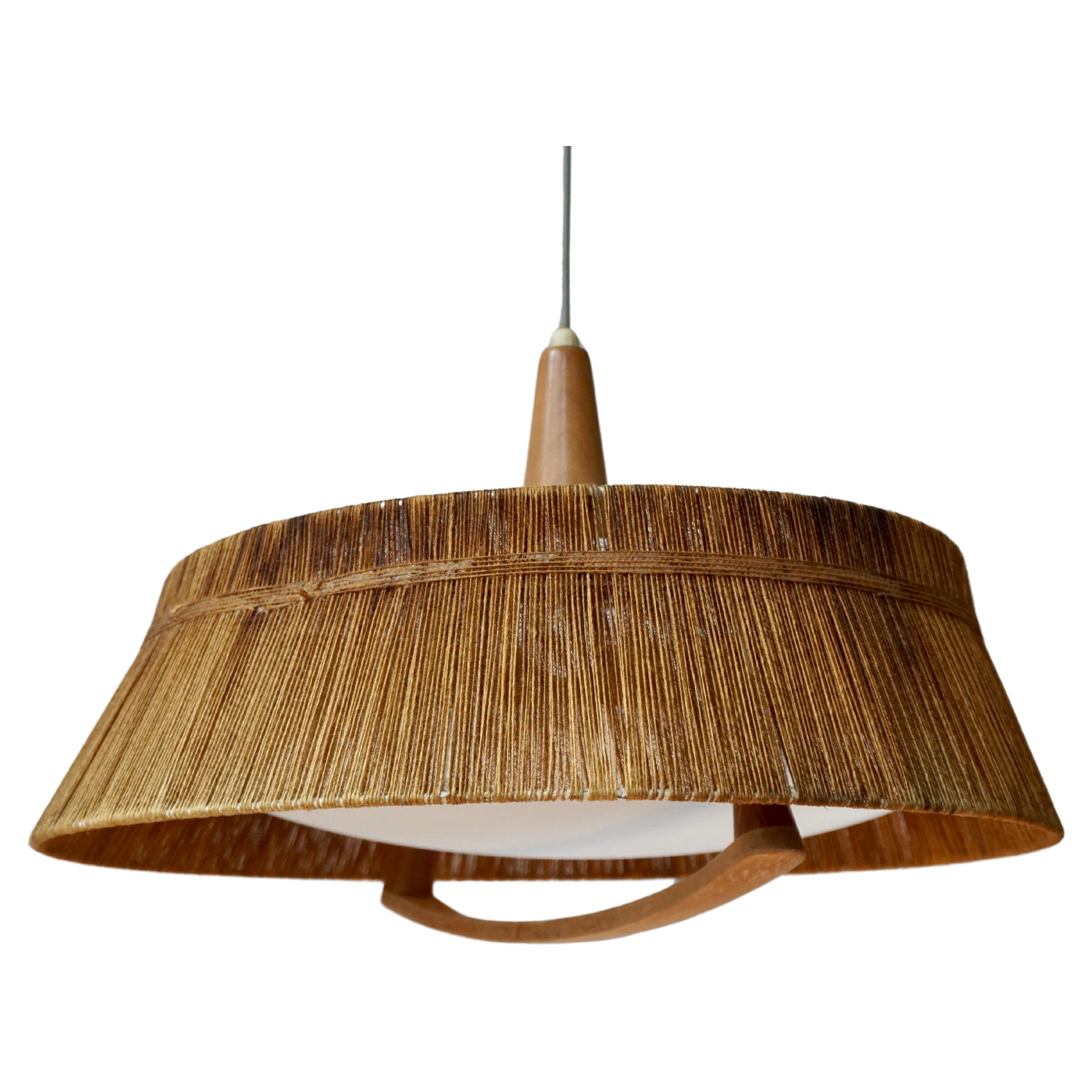 Scandinavian Pendant Light in Rope, Wood and Perspex For Sale