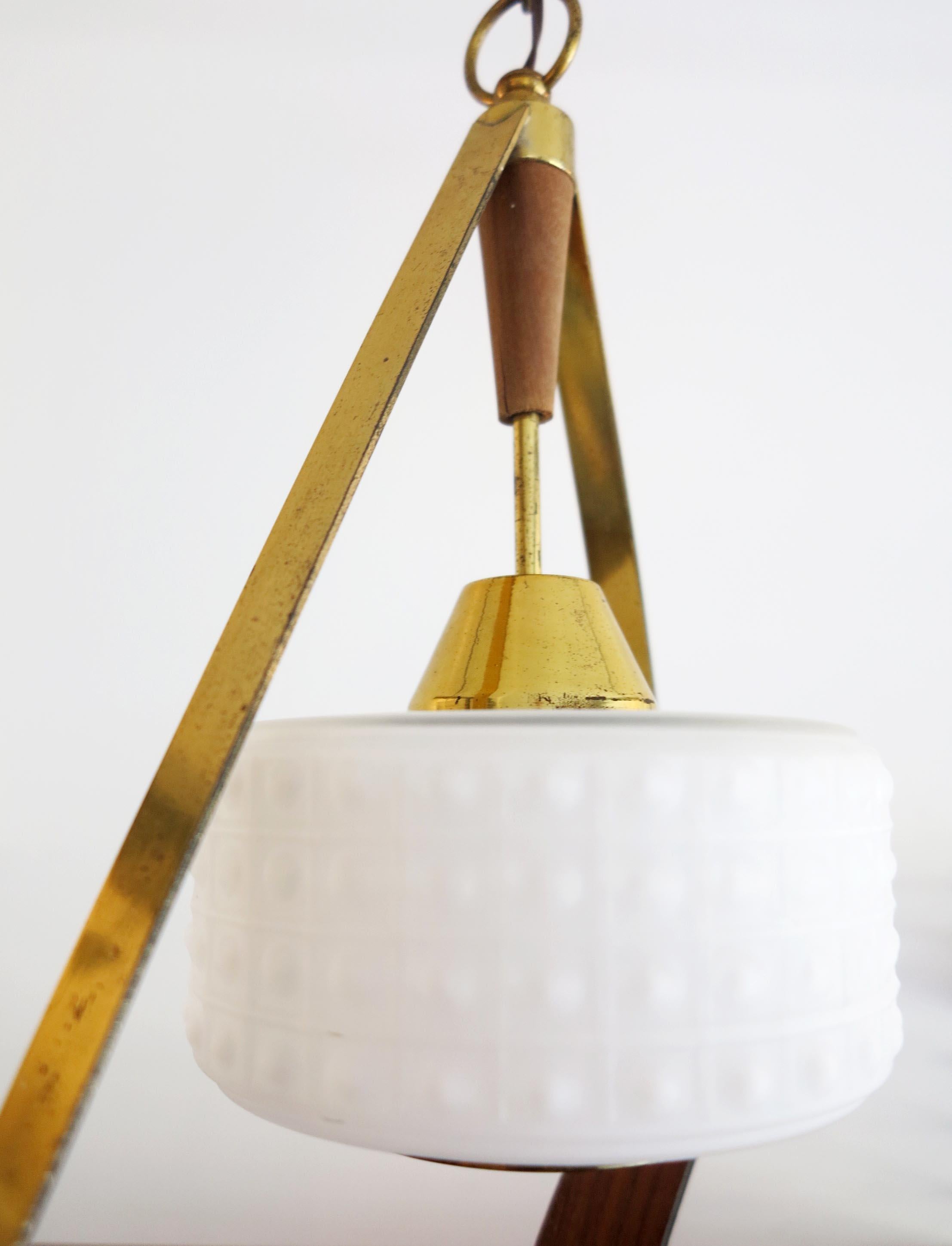 Scandinavian Pendant or Ceiling Lamp in Teak Wood Opaline Glass & Brass, 1950s For Sale 4