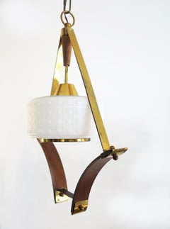 Scandinavian Pendant or Ceiling Lamp in Teak Wood Opaline Glass & Brass, 1950s