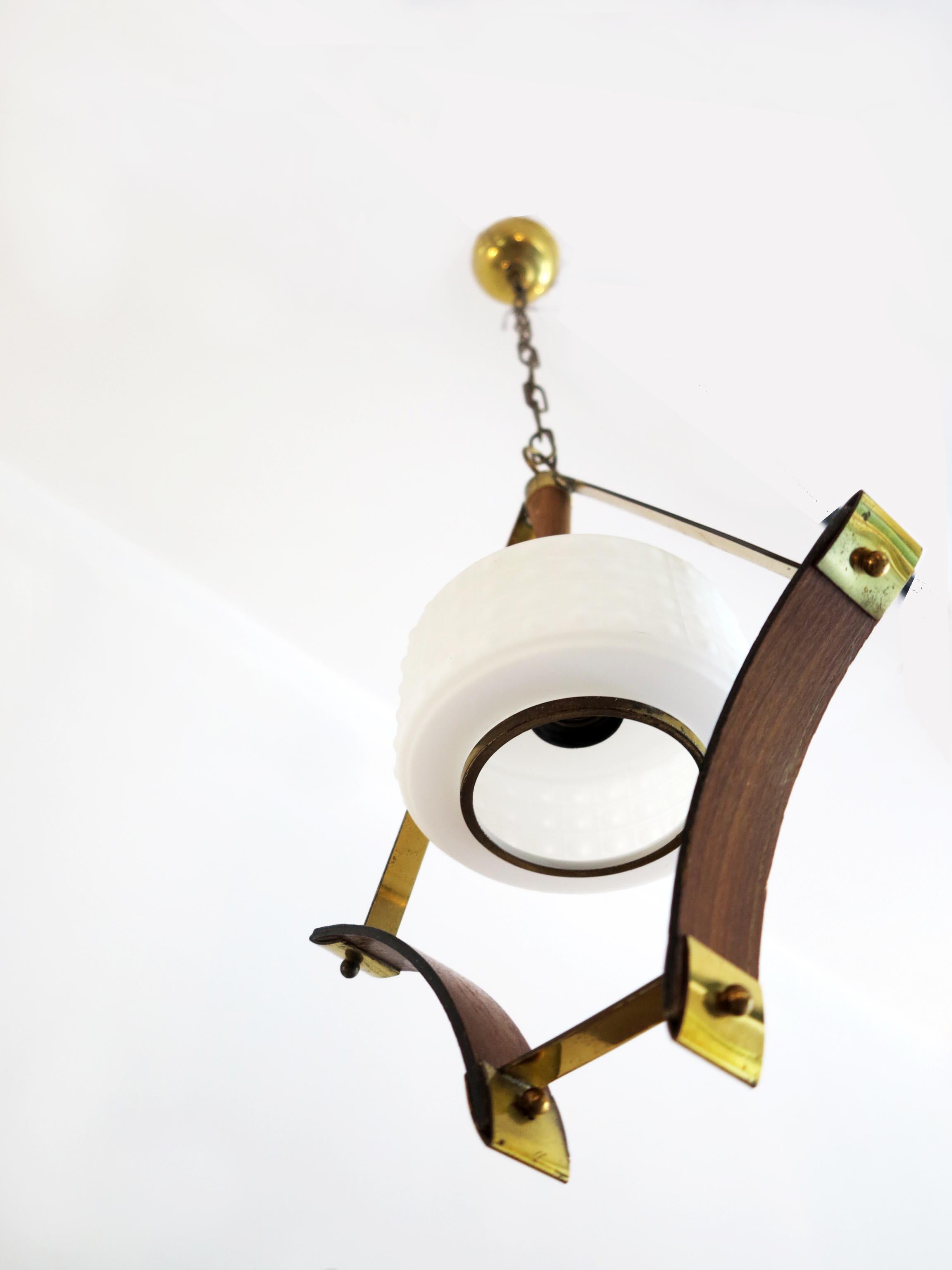 Mid-Century Modern Scandinavian Pendant or Ceiling Lamp in Teak Wood Opaline Glass & Brass, 1950s For Sale