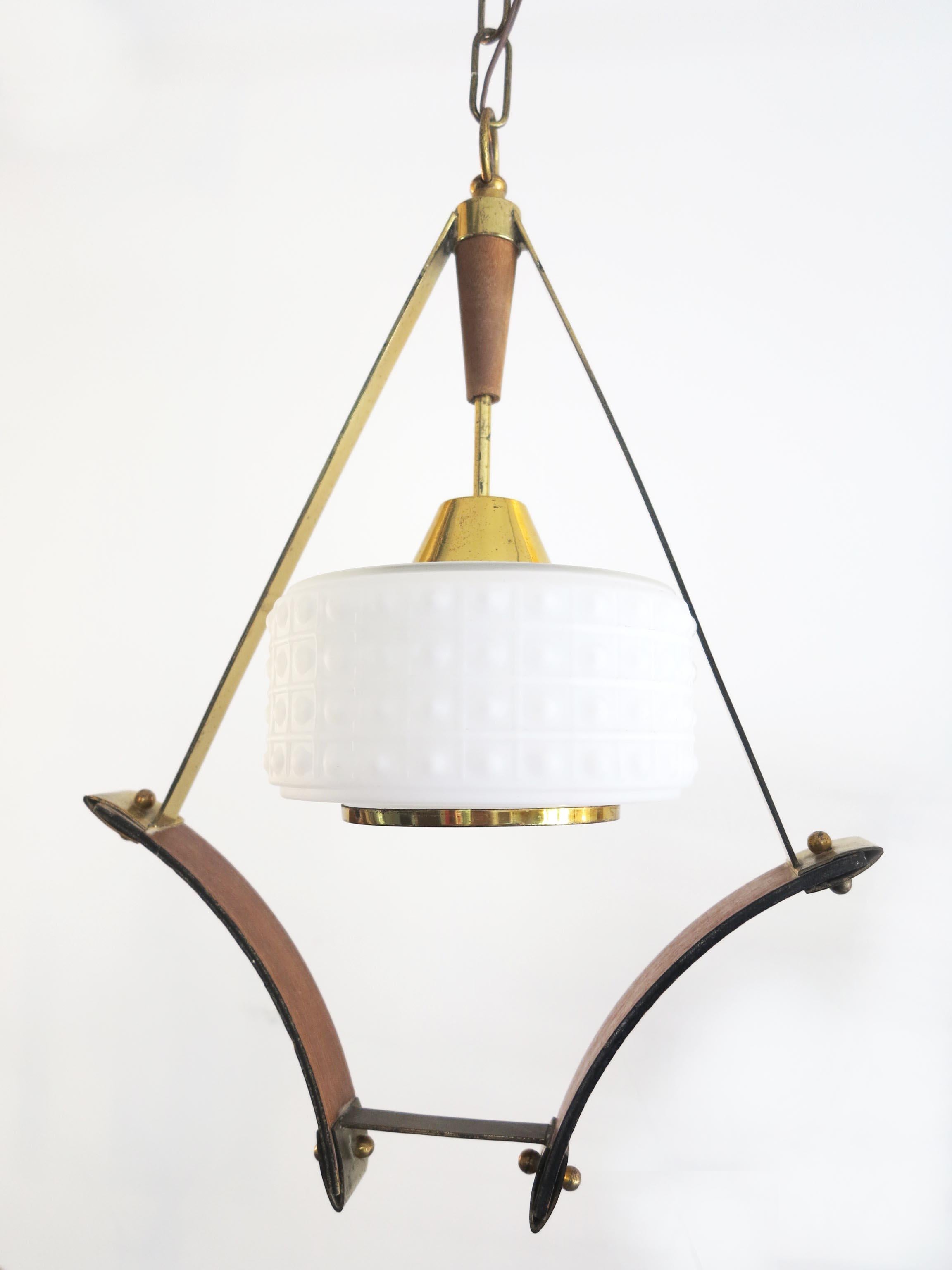 Italian Scandinavian Pendant or Ceiling Lamp in Teak Wood Opaline Glass & Brass, 1950s For Sale