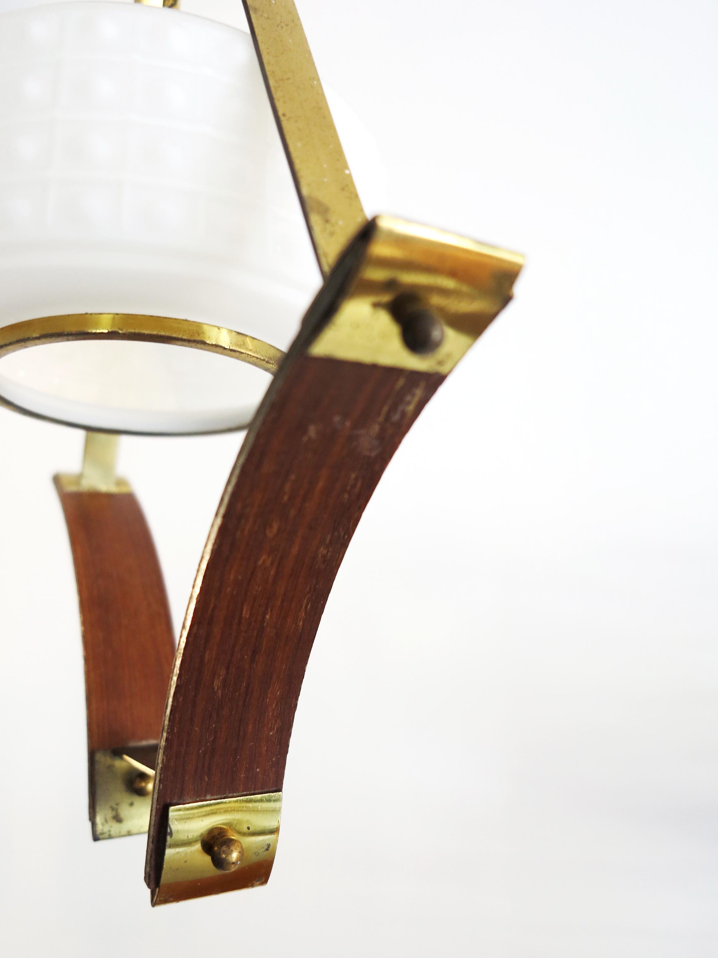 Mid-20th Century Scandinavian Pendant or Ceiling Lamp in Teak Wood Opaline Glass & Brass, 1950s For Sale