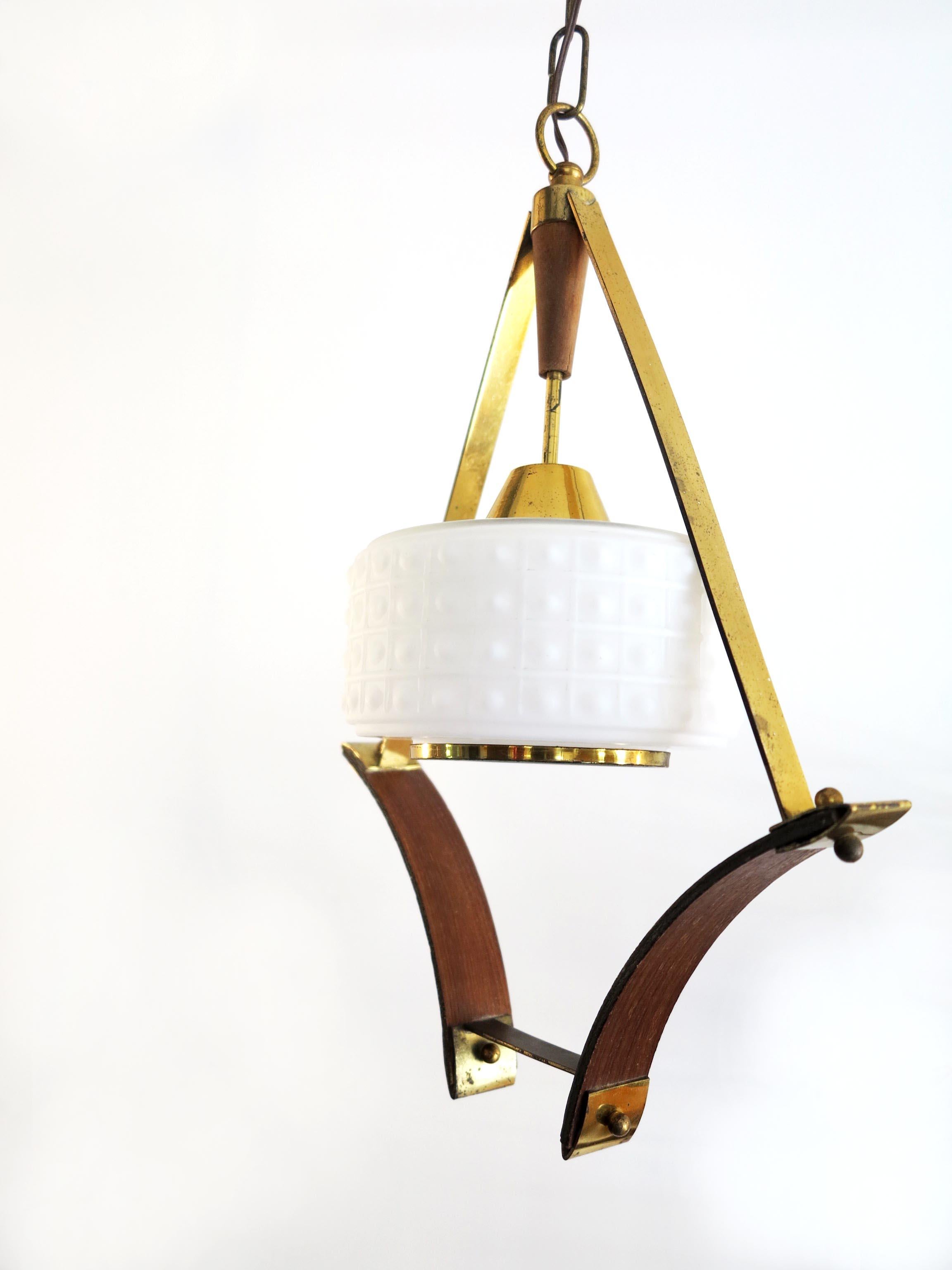 Scandinavian Pendant or Ceiling Lamp in Teak Wood Opaline Glass & Brass, 1950s For Sale 1