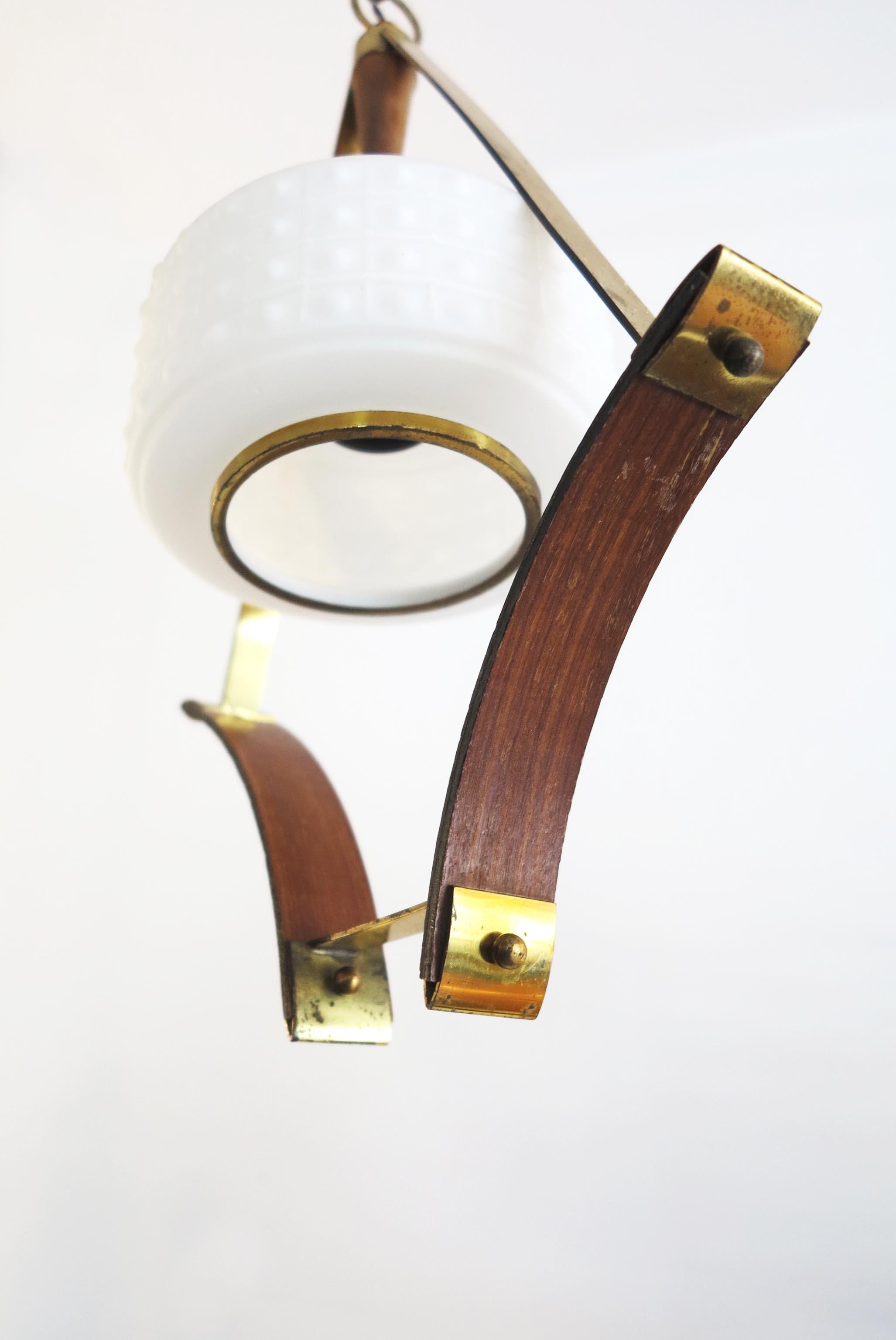 Scandinavian Pendant or Ceiling Lamp in Teak Wood Opaline Glass & Brass, 1950s For Sale 2