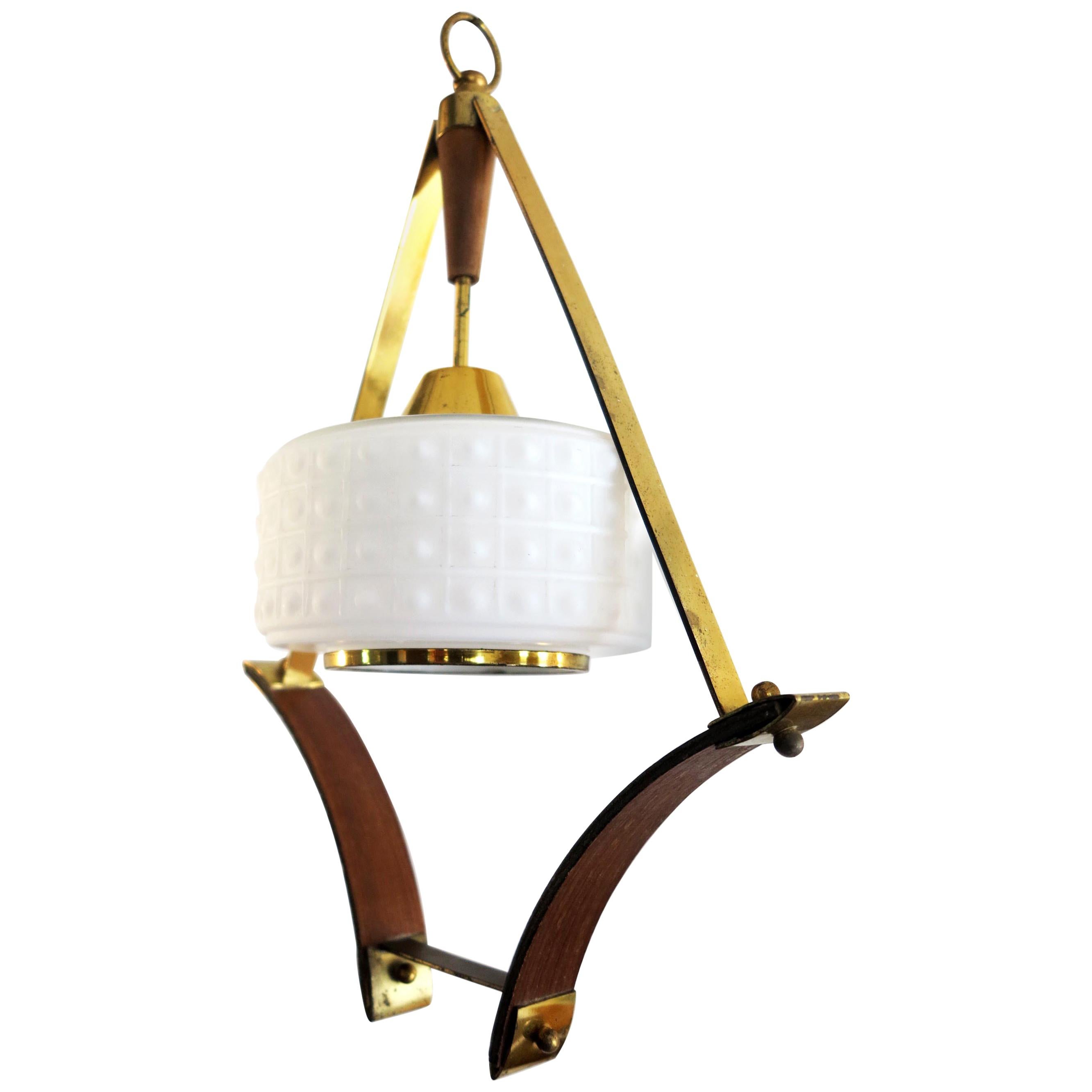 Scandinavian Pendant or Ceiling Lamp in Teak Wood Opaline Glass & Brass, 1950s For Sale