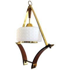 Scandinavian Pendant or Ceiling Lamp in Teak Wood Opaline Glass & Brass, 1950s