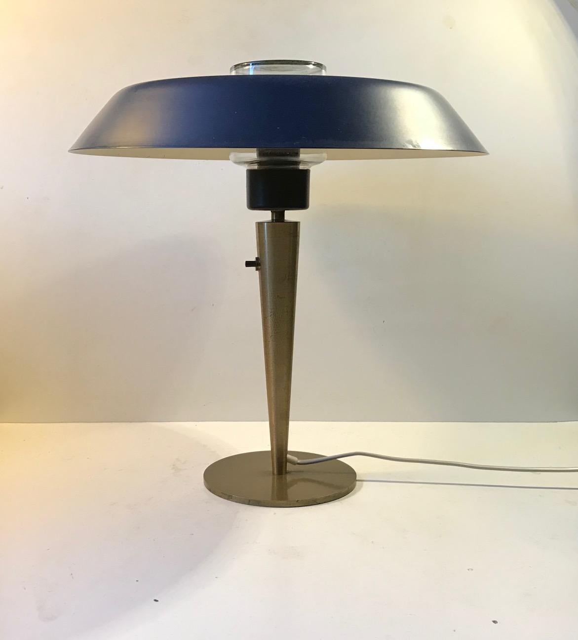 Mid-20th Century Scandinavian Petrol Blue Table Lamp in Brass, DLJ, 1960s