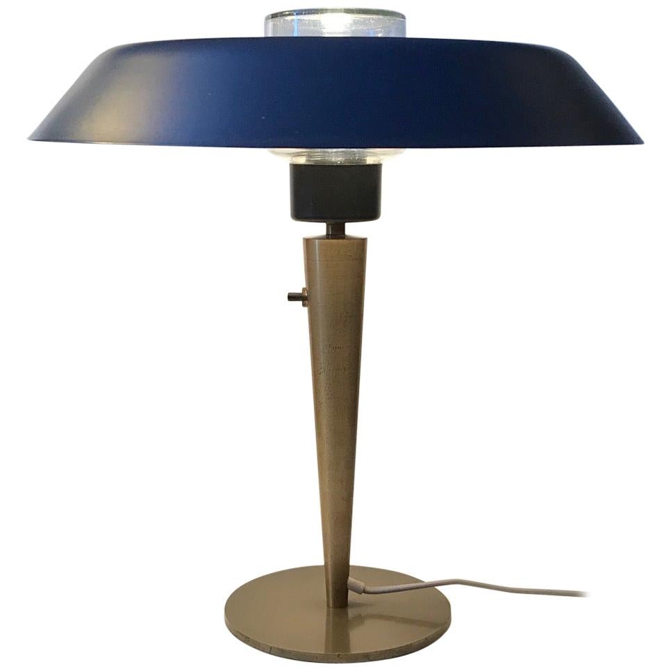 Scandinavian Petrol Blue Table Lamp in Brass, DLJ, 1960s