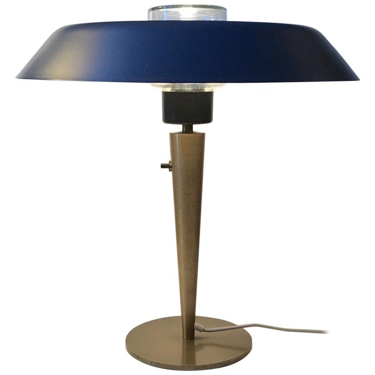 Scandinavian Petrol Blue Table Lamp in Brass, DLJ, 1960s For Sale at 1stDibs