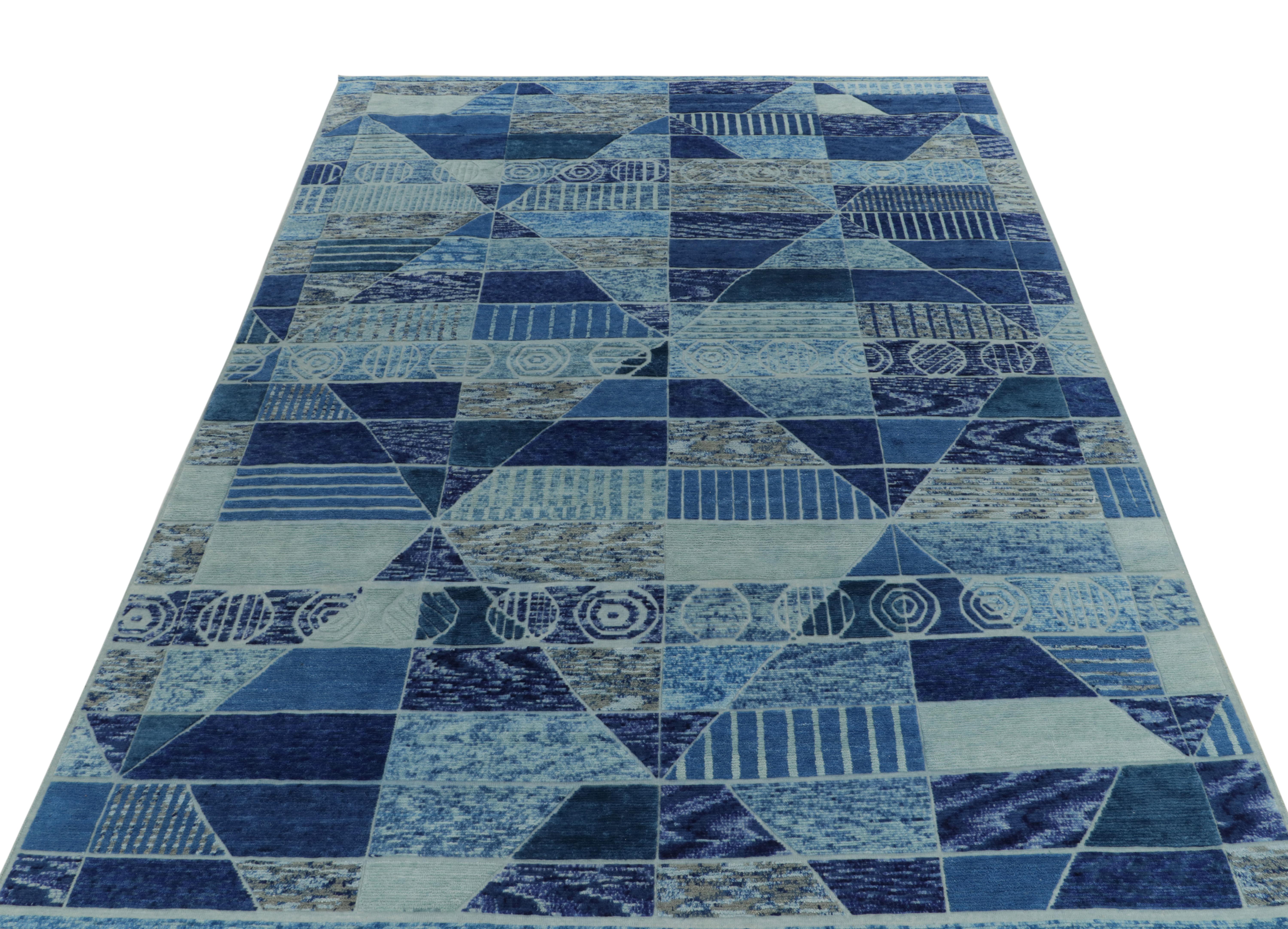 A 9x12 handwoven imagination from Rug & Kilim’s award winning Scandinavian selections. The Swedish style area rug beams with a refined geometric pattern in a lustrous variety of blues in healthy pile, further enjoys textural magnificence in high low