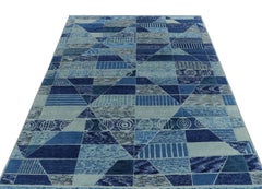 Rug & Kilim's Scandinavian Pile Rug in Blue & Beige Geometric Pattern