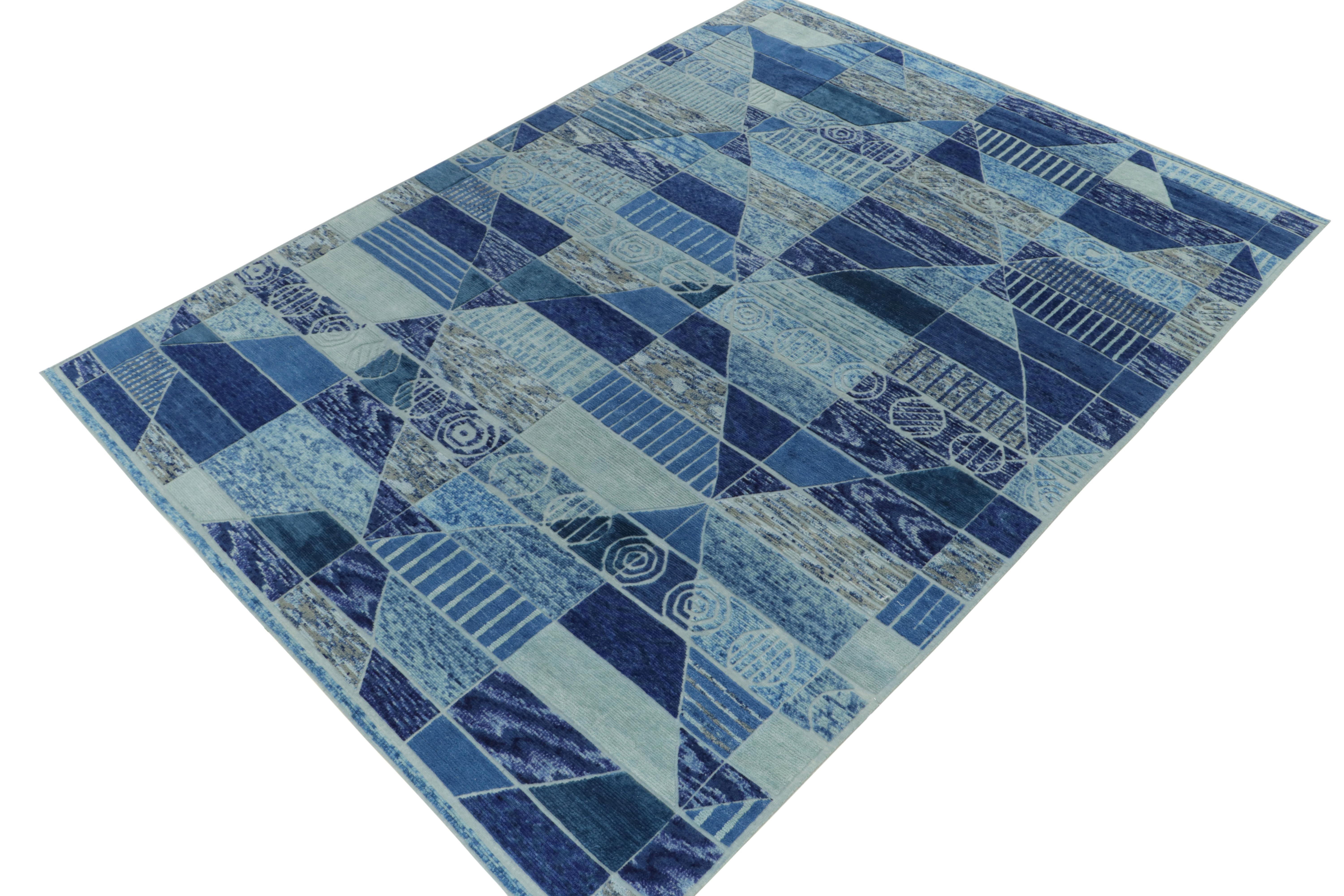 Scandinavian Modern Rug & Kilim's Scandinavian Pile Rug in Blue & Beige Geometric Pattern For Sale