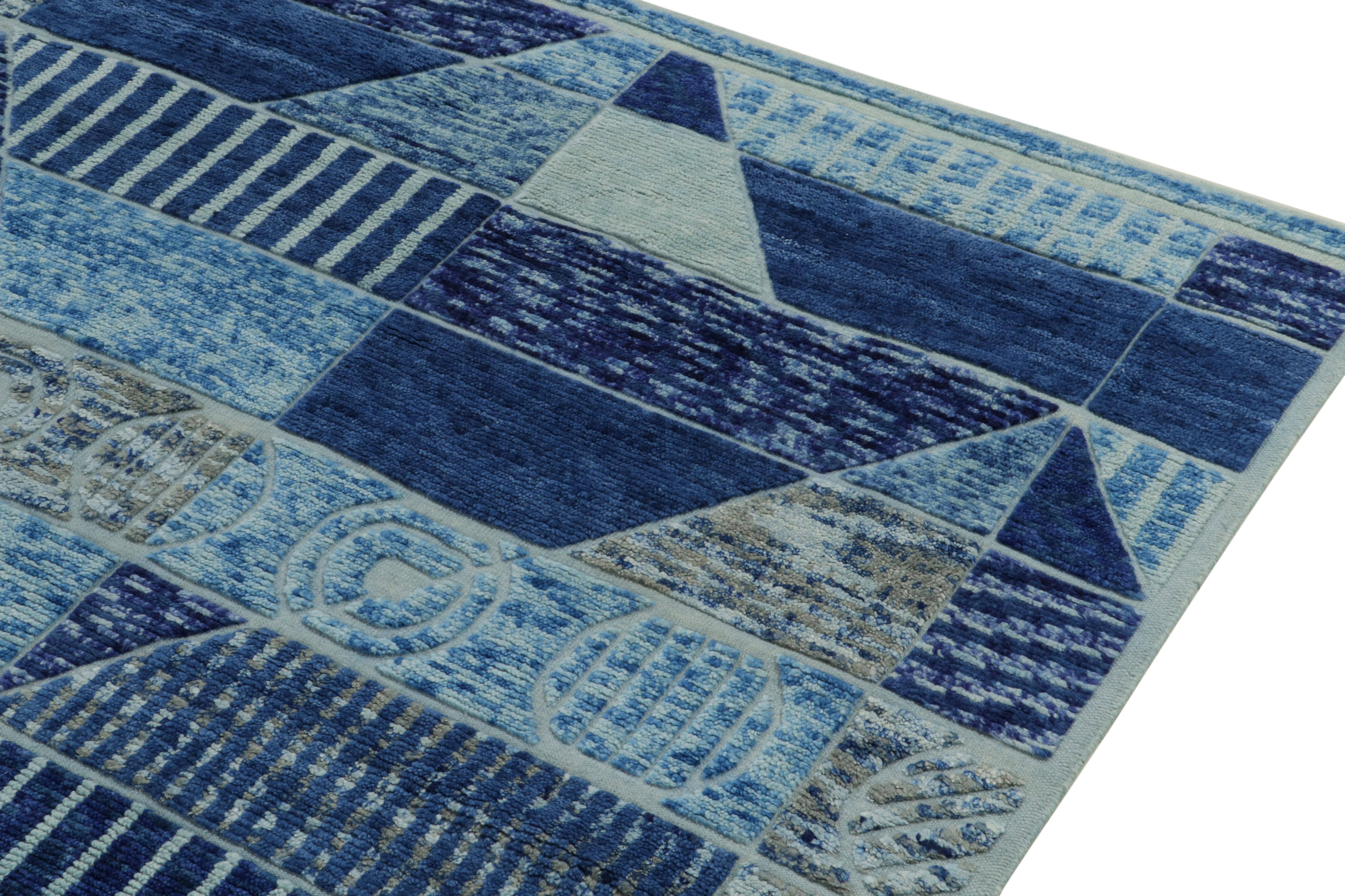 Indian Rug & Kilim's Scandinavian Pile Rug in Blue & Beige Geometric Pattern For Sale