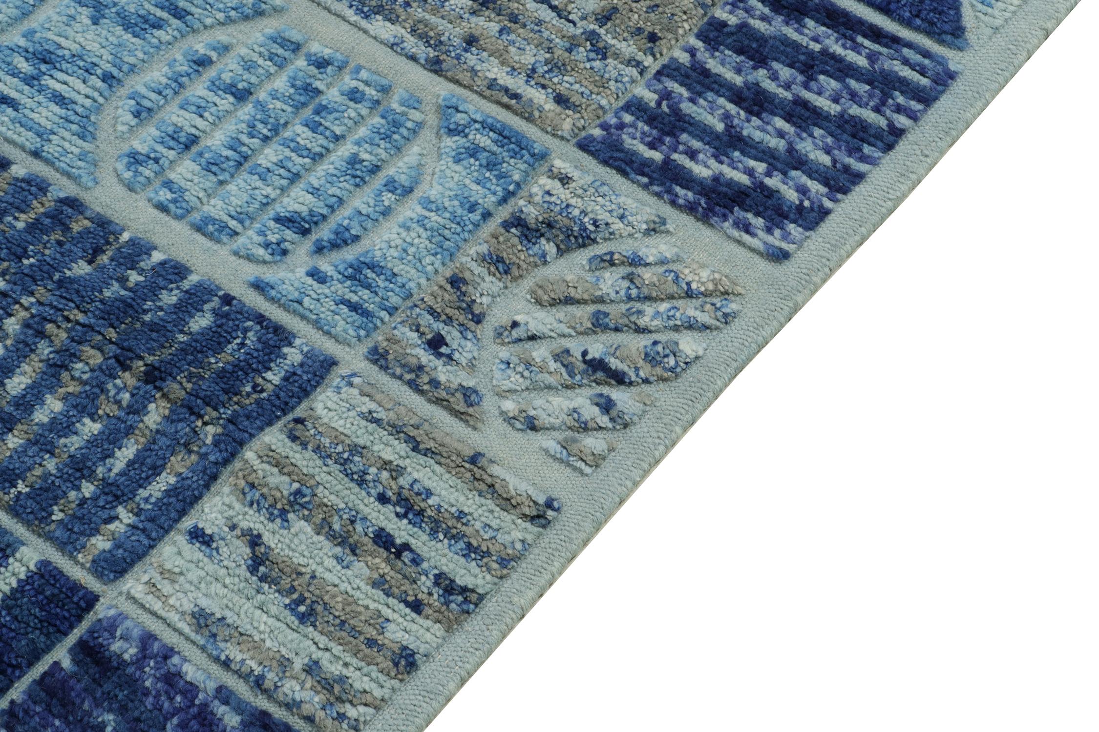 Hand-Knotted Rug & Kilim's Scandinavian Pile Rug in Blue & Beige Geometric Pattern For Sale