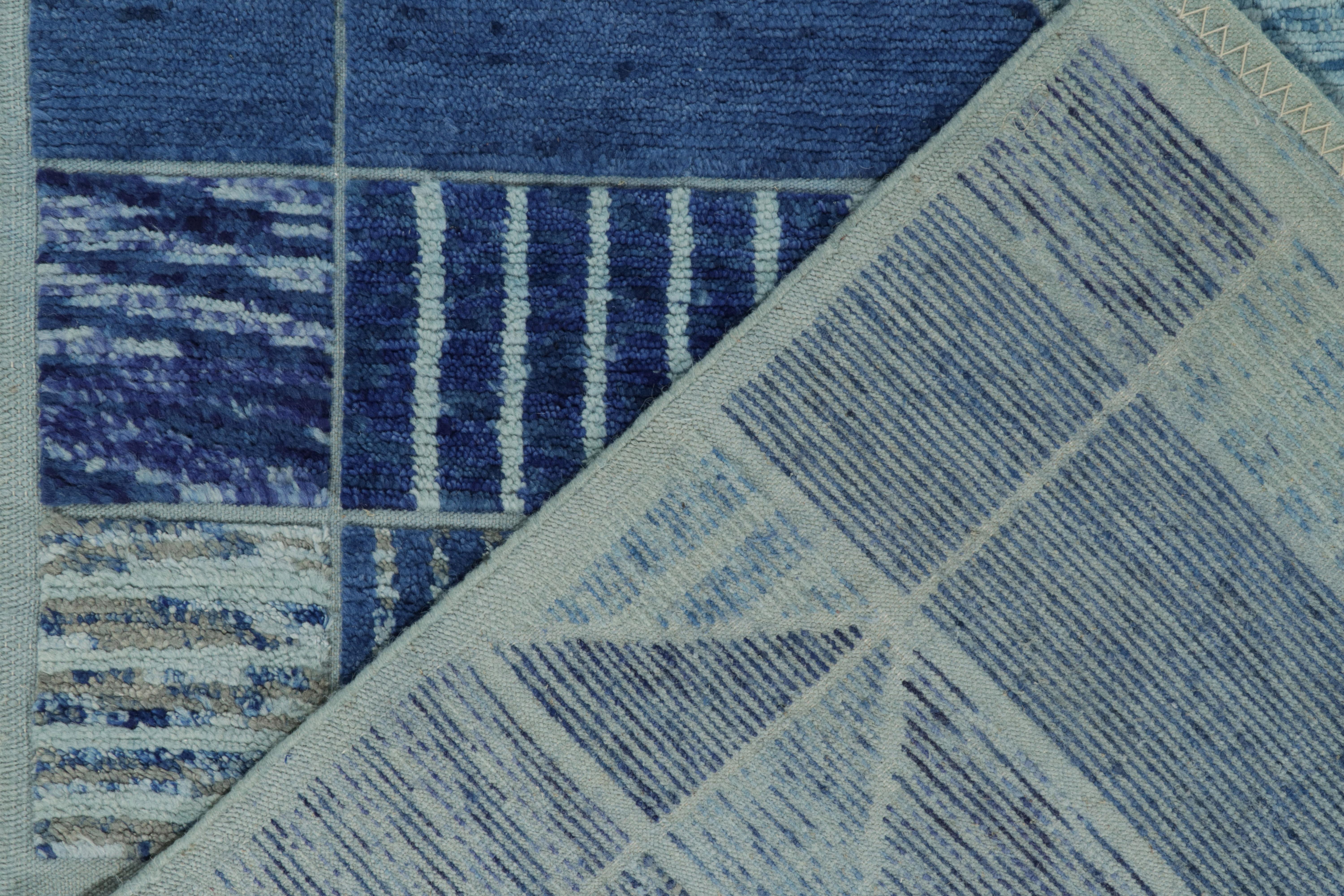 Contemporary Rug & Kilim's Scandinavian Pile Rug in Blue & Beige Geometric Pattern For Sale