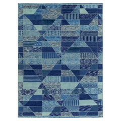 Scandinavian Pile Rug in Blue & Beige Geometric Pattern by Rug & Kilim