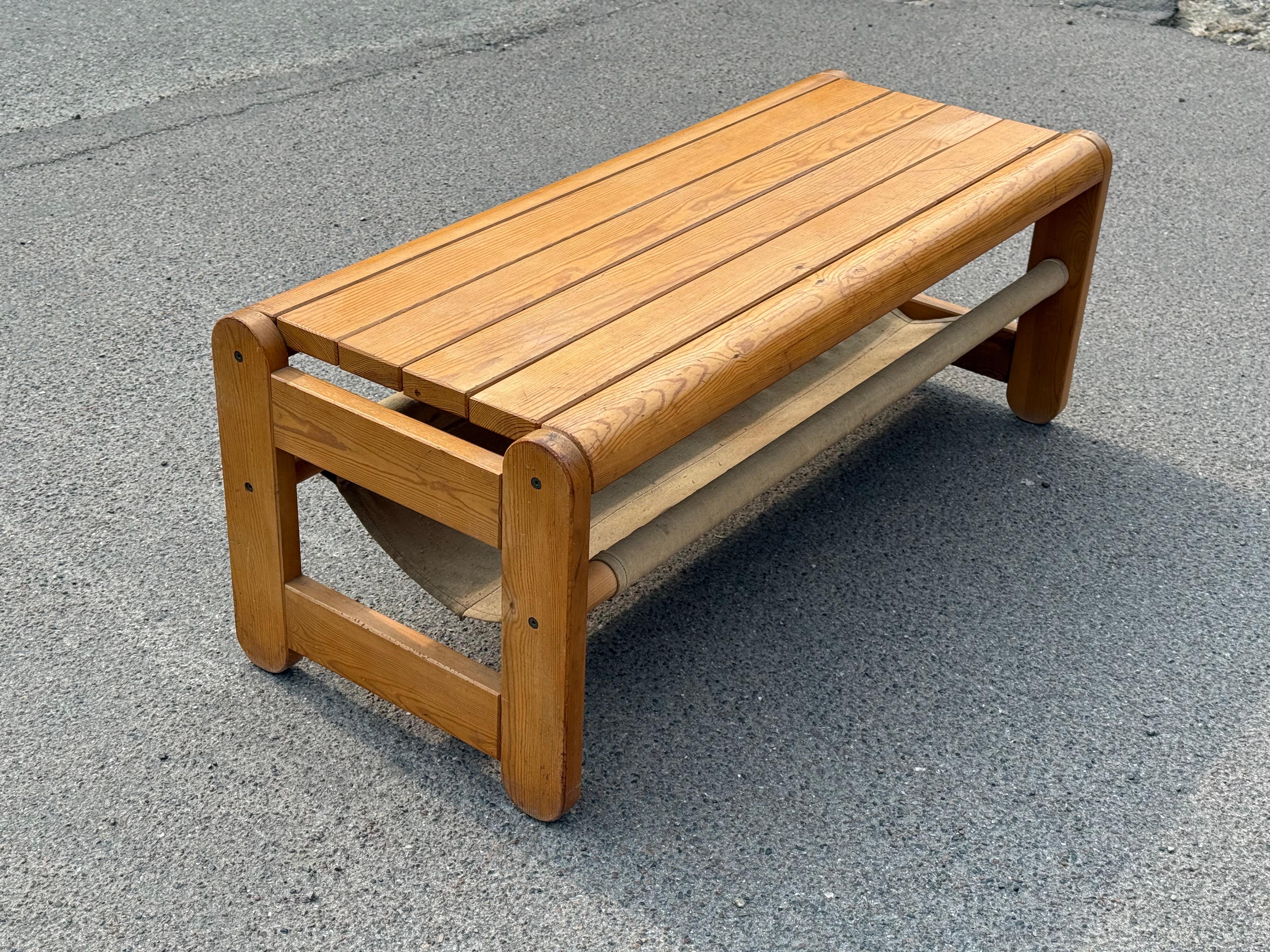 Scandinavian Pine bench with canvas storage underneath from the 1970´s en venta 5
