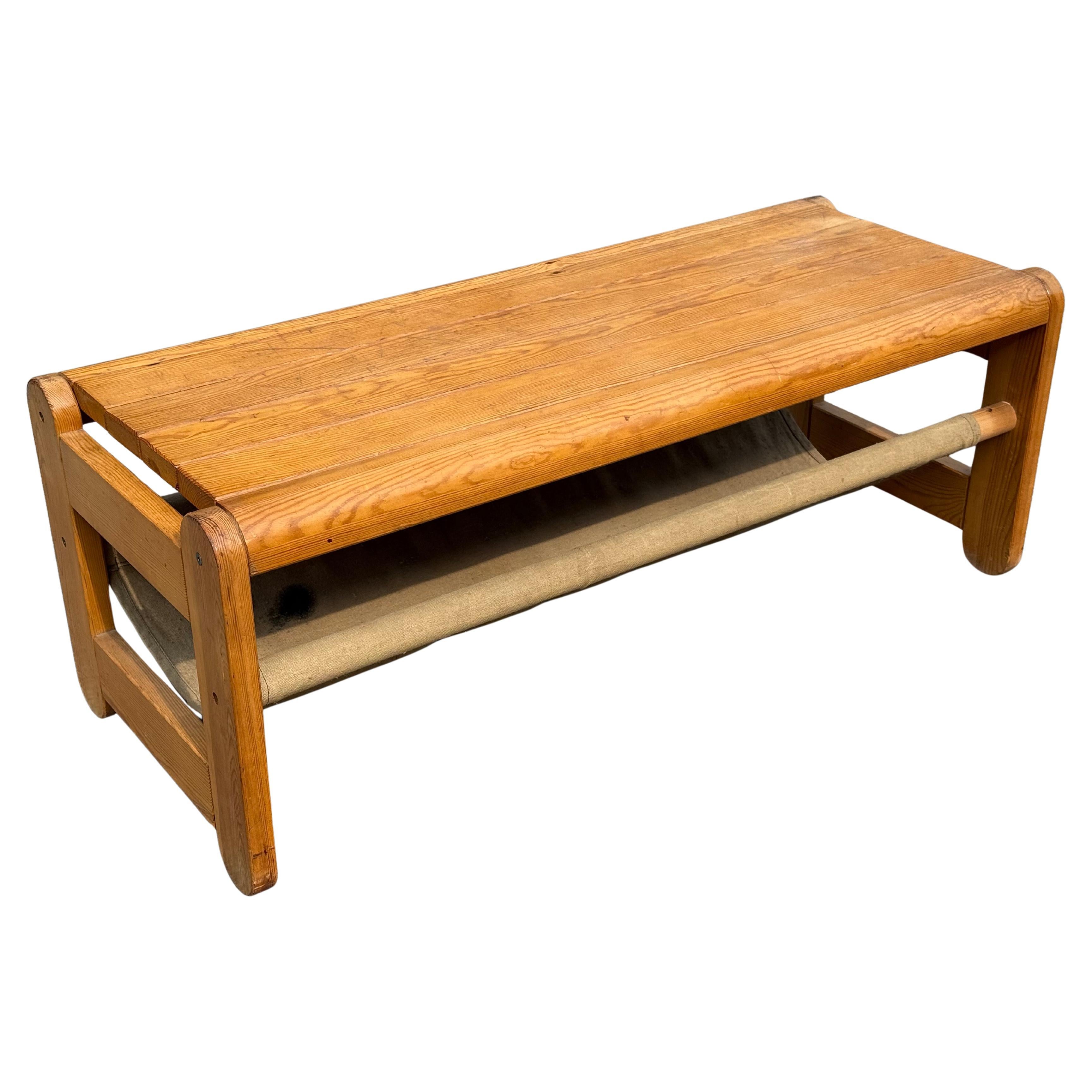 Scandinavian Pine bench with canvas storage underneath from the 1970´s