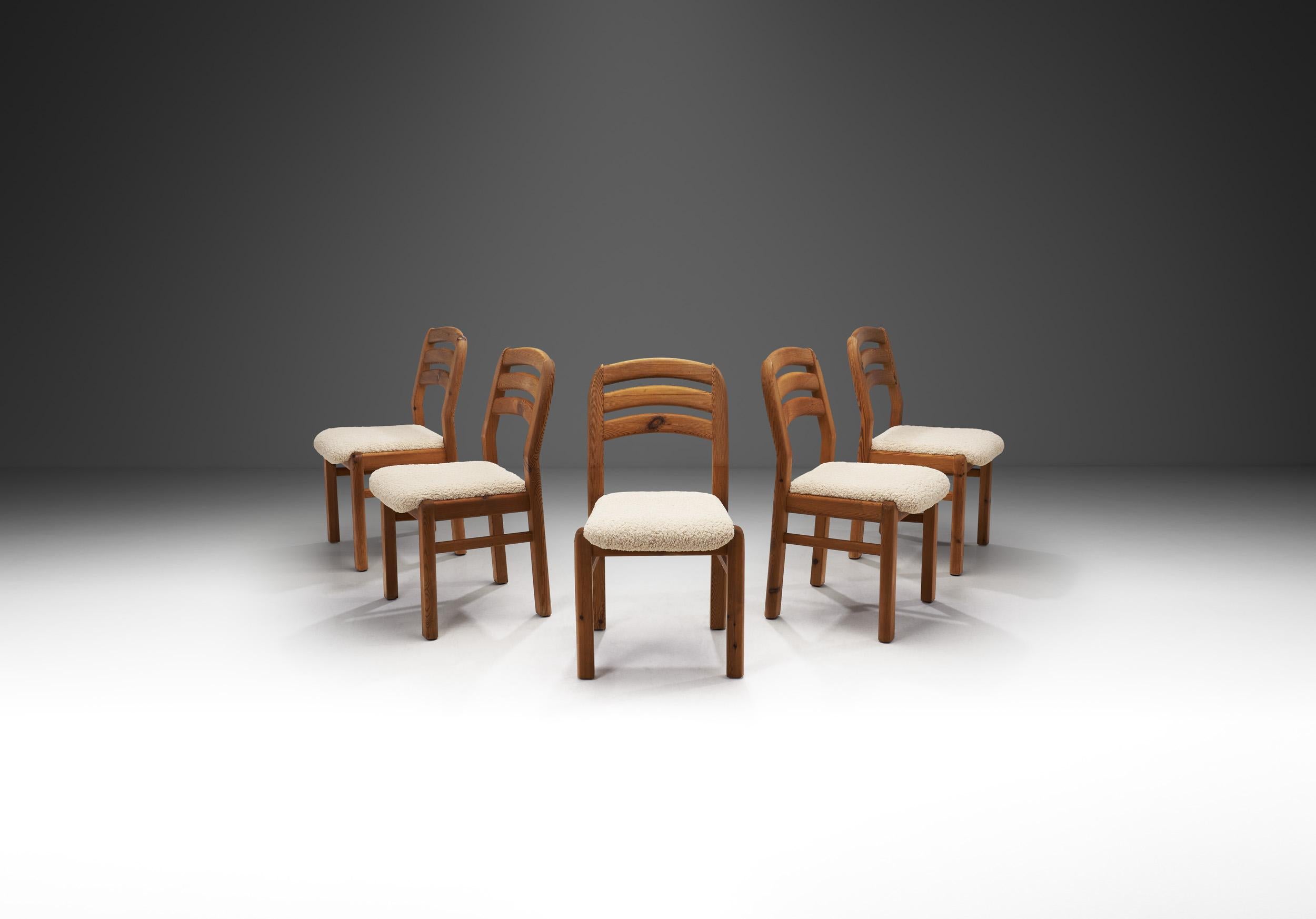 Wood, in many ways, is more valuable than other materials used in furniture manufacturing because its natural grain guarantees that each piece is unique. This is especially important in the case of this set of five, as each chair is unique but
