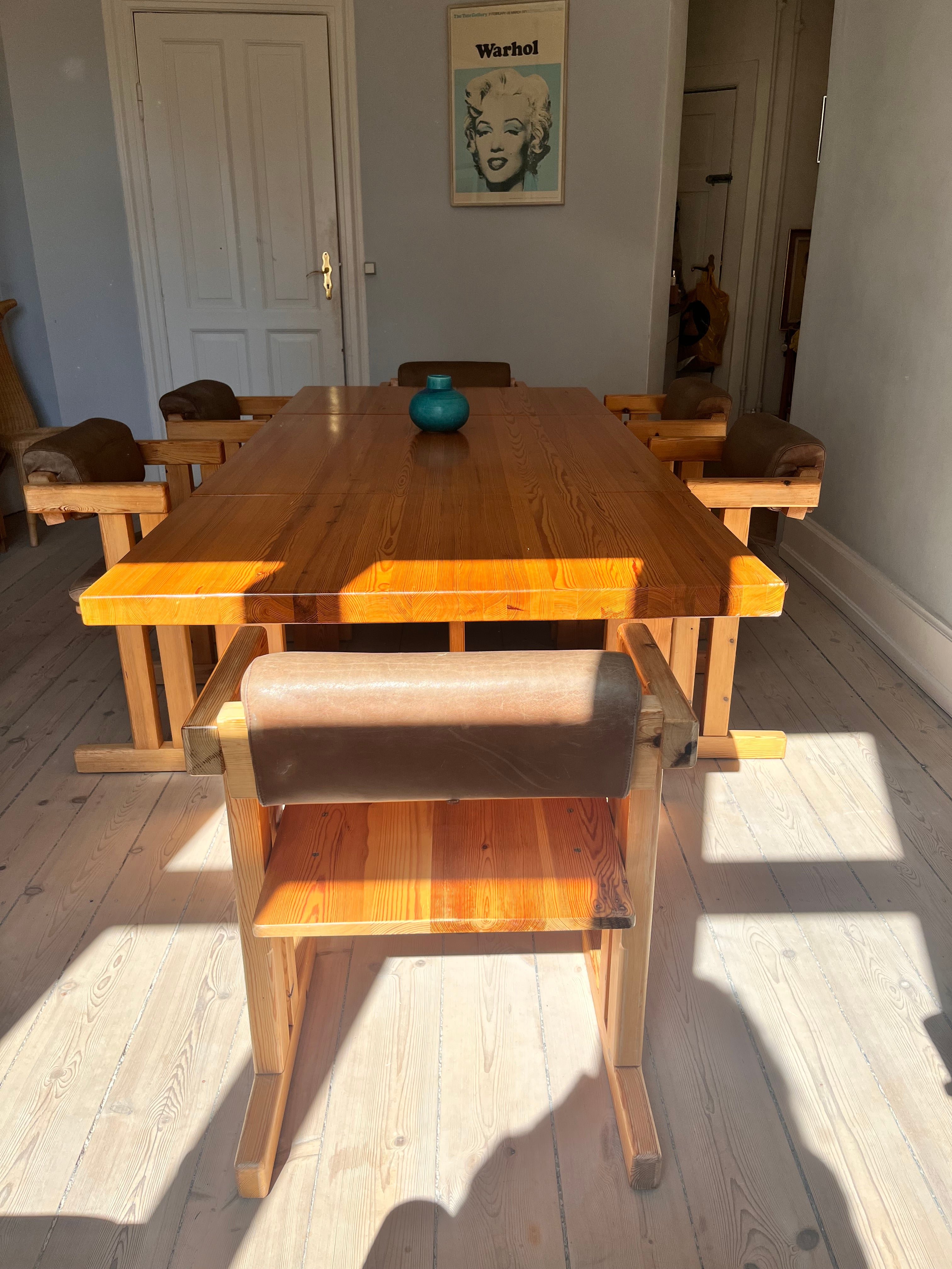 Scandinavian Modern Scandinavian pine dining room set with 6 t-chairs with Buffalo leather seats