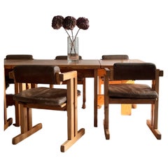 Scandinavian pine dining room set with 6 t-chairs with Buffalo leather seats