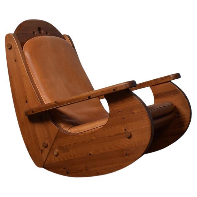 Scandinavian Pine Wood And Leather Rocking Chair For Sale