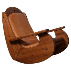 Scandinavian Pine Wood And Leather Rocking Chair
