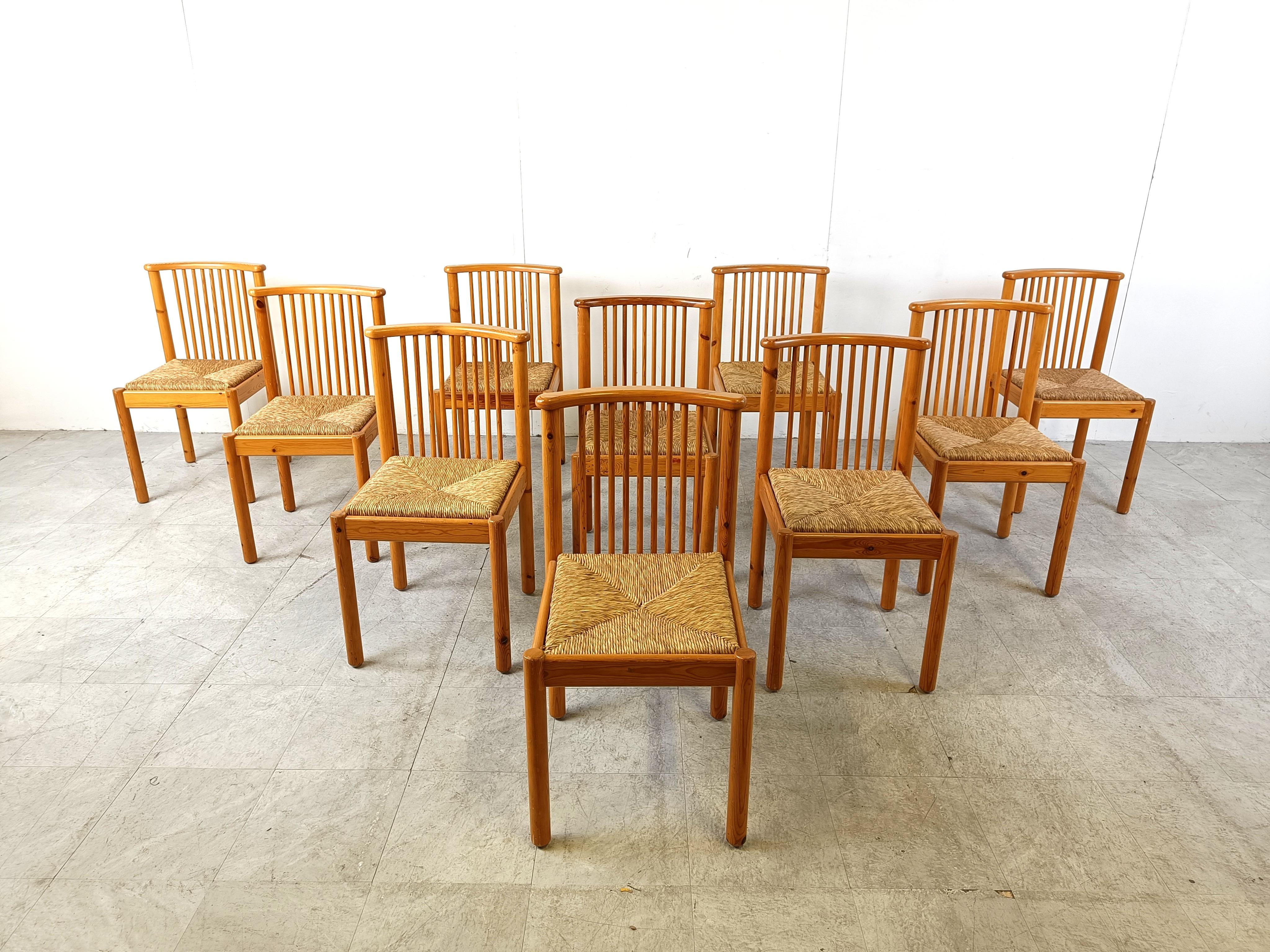 Mid-Century Modern Scandinavian pine wood and wicker dining chairs, set of 10, 1970s For Sale